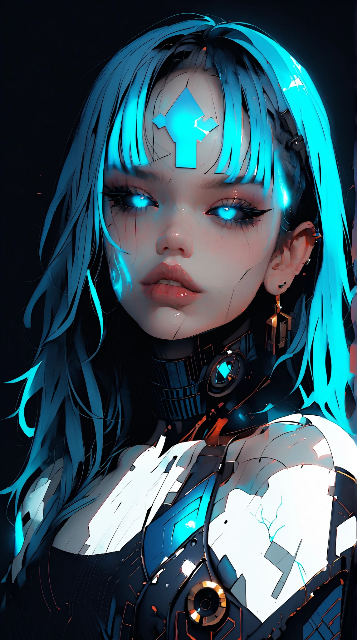 (nsfw:1), (Uncensored:1), score_9, score_8_up, score_7_up, (Three quarters Shot), (1 girl), (asian), beautiful teenage (skinny) muscular goth cyborg girl, (full Cybernetic bodysuit:1.5), (black sclera:1.5), (blue glowing eyes:1.5), (blue glowing body veins:1.5), (flat chest:1.25), (blue glowing hair:1.25), (beautiful face:1.25), (bodybuilder femboy physique:1.25), (skinny long legs:0.75),(blue willow pattern:1.5), (gold cracks:1.2), kintsugi, long hair, (skin painting:1.2), full body, (white skin), k1ntsug1, bimbo lips, cowboy shot, cybernetic, mechanoid body parts, exposed cables and circuits, neon lights, gothic neon style, cyber punk style, super realistic image, beautiful digital paint , hyper Realistic illustrations, 