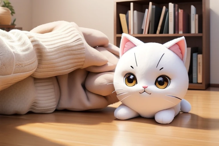 A plush toy shaped like the head of a cat