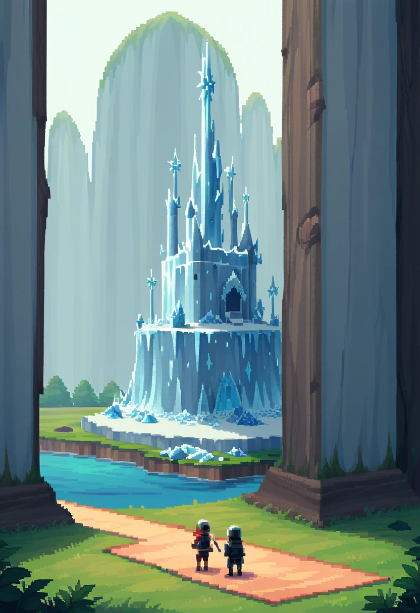 1girl, Female knight with sword, ice mail,background: ice castle, pixel art style, lake, ice blocks, ice wall, pixel art style