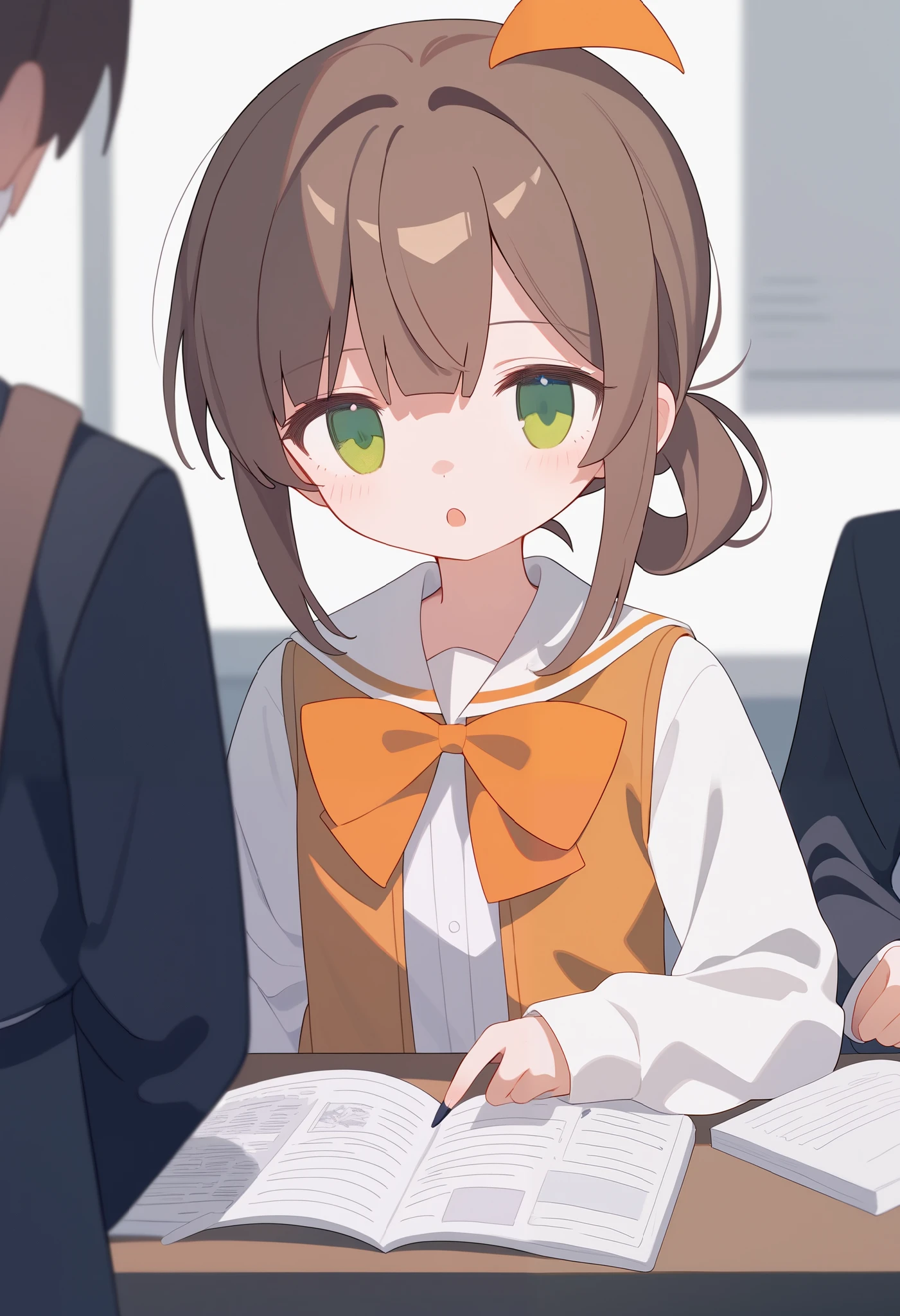  1 girl,  brown slanted ponytail surrounds me ，（   brown hair   ）， Green eyes ，dynamic，Miosis，shock，飘逸of碎发，崩塌up飞去of楼房，天上飞of鱼，School Uniform，Long sleeve，荒谬of，炸开of玫瑰花瓣，,Fraction_9,Fraction_8_up,Fraction_7_up,Expressive  ,grade_of,(masterpiece,   Best quality)