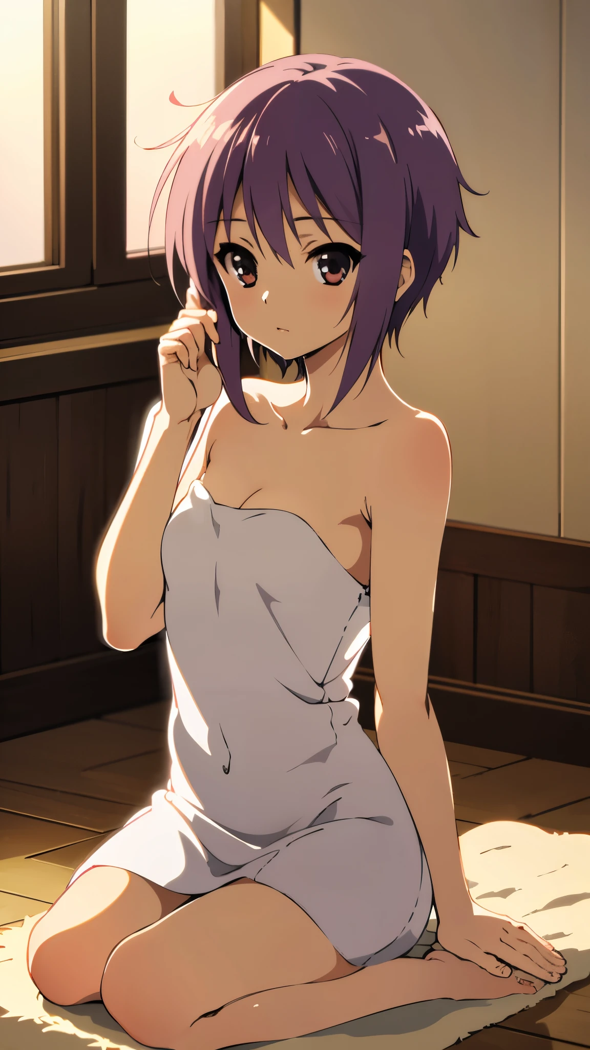 anime style, best quality, 8k, high res, masterpiece, detailed face, indoor, in bath room, naked towel:1.4, white towel:1.2, fluffy towel:1.7 ,from side,
