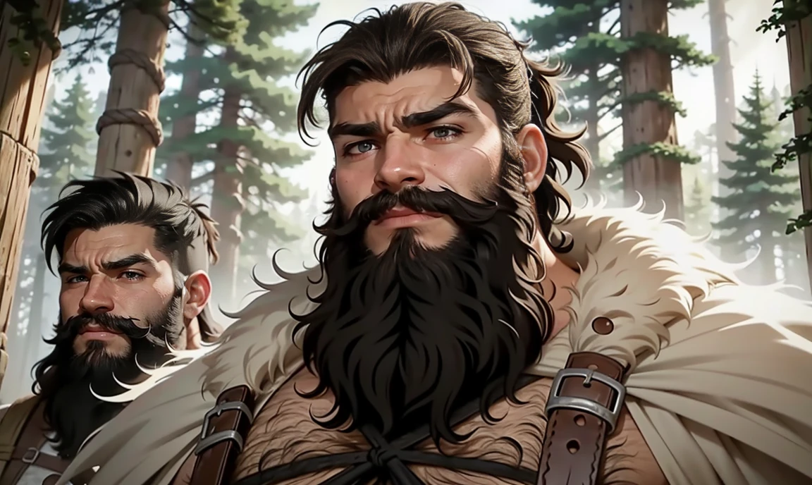 realistic. close-up Group of extremely-hairy hulking sexy handsome unique Neolithic brothers wearing fur wraps and carrying Neolithic weapons. long wild messy masculine hair. grizzled beard. heavy brow ridges with very thick monobrows. thick lips. very hairy chests. looming over you, looking down at you. suspicious expression. Neolithic sunny forest background.