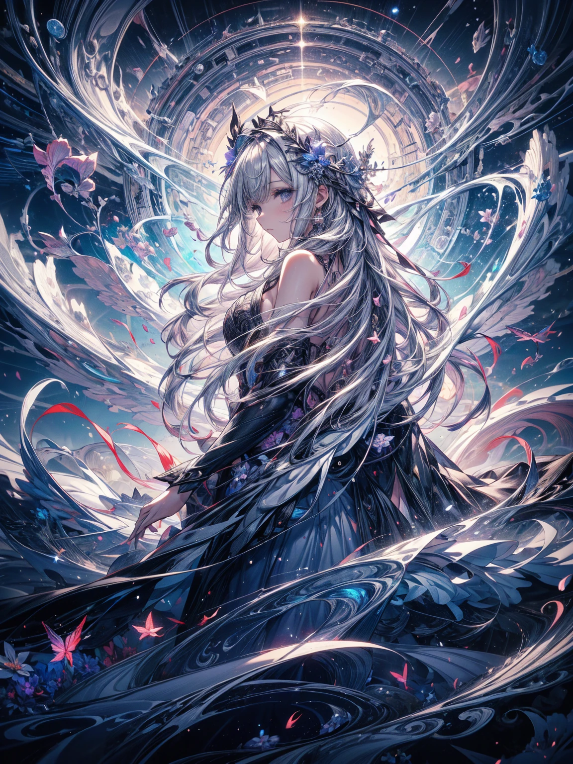 Break, waves,  1 girl, No.18, Very long hair,  Silver Slit Dress, 
Flowers Bloom ,  galaxy,  Spiral Nebula , birds,   Like a Dream ,
 Best quality, masterpiece,  ultra high resolution, illustration, Deep Shadows, edge light, 