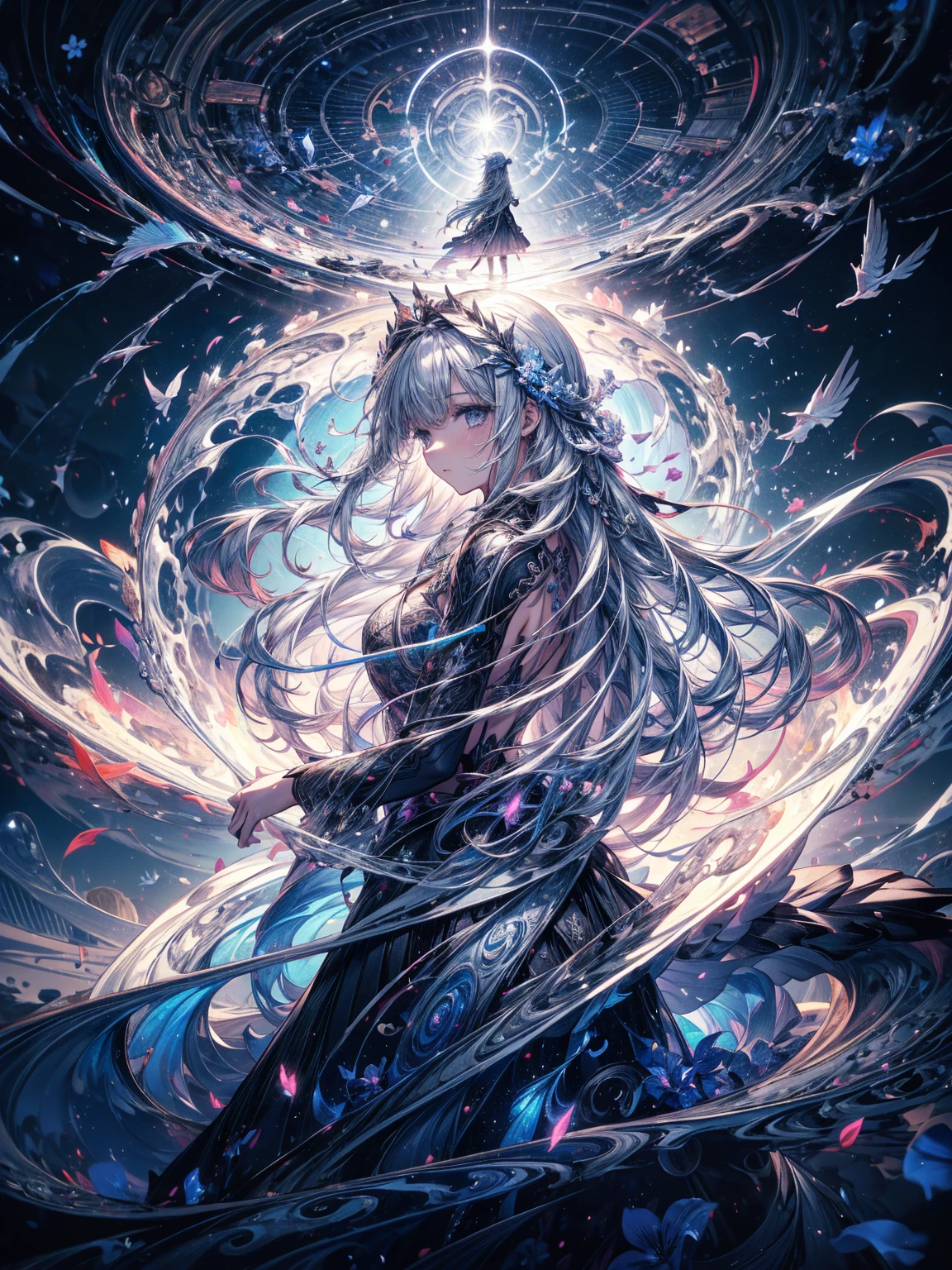 Break, waves,  1 girl, No.18, Very long hair,  Silver Slit Dress, 
Flowers Bloom ,  galaxy,  Spiral Nebula , birds,   Like a Dream ,
 Best quality, masterpiece,  ultra high resolution, illustration, Deep Shadows, edge light, 