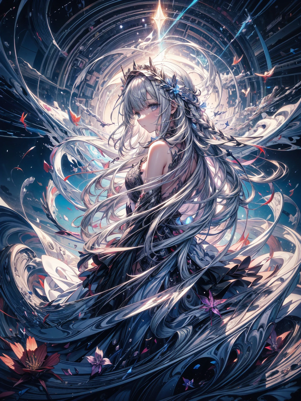 Break, waves,  1 girl, No.18, Very long hair,  Silver Slit Dress, 
Flowers Bloom ,  galaxy,  Spiral Nebula , birds,   Like a Dream ,
 Best quality, masterpiece,  ultra high resolution, illustration, Deep Shadows, edge light, 