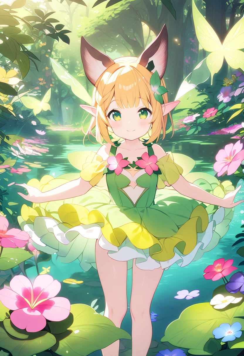    masterpieces in the background 、One 、  very cute 、  very small breasts 、細身の体、Thin legs、Deep green eyes 、bright pink long hair、Elf Ears、  Fairy Wings 、Lush forest、   colorful flowers floating by the water 、  Innocent smiling girl   、yellow fairy dress 、blush