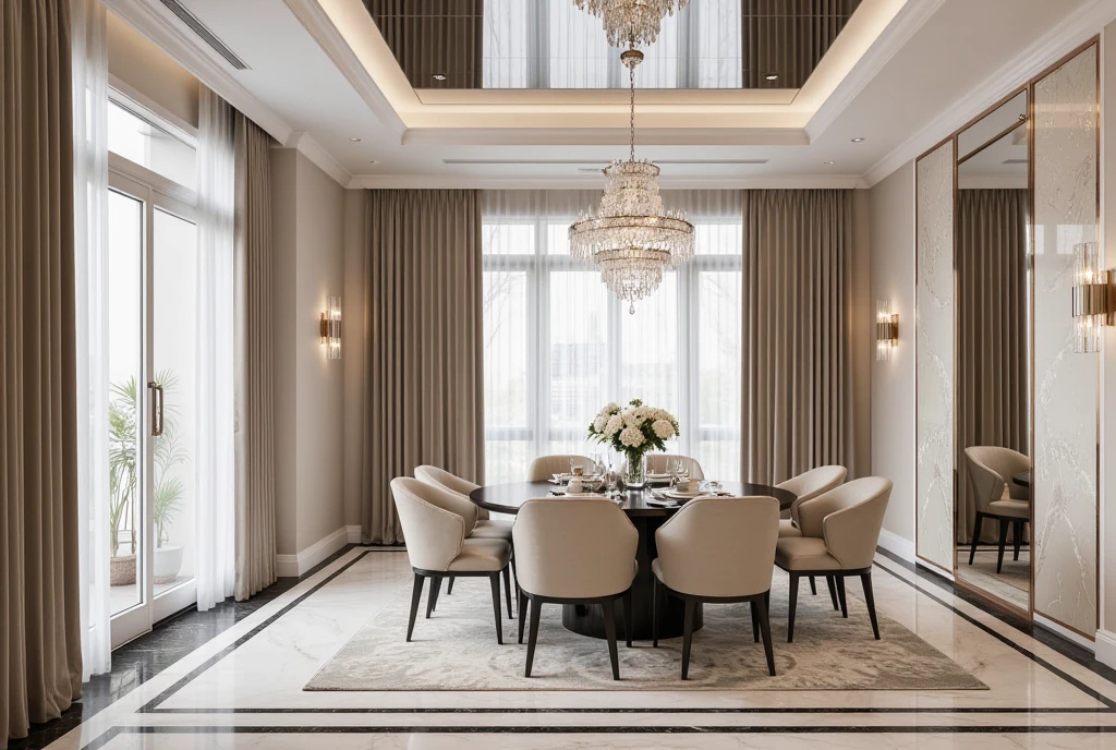 This image showcases a luxurious and contemporary dinning room with a sophisticated, yet inviting atmosphere. 
The room features a striking marble floor and a partial marble wall, adding a touch of opulence and visual interest.

Large windows offer ample natural light and a view of the exterior, while elegant taupe drapes provide privacy and soften the light. A dramatic, multi-tiered chandelier with crystal accents hangs from the mirrored ceiling, adding a touch of glamour and reflecting the light throughout the room. Wall sconces provide additional illumination.

The overall color palette is neutral and sophisticated, with creams, whites, and taupes dominating the space. Touches of black in the furniture and rug add contrast and definition. The room is clearly designed for both comfort and style, offering a luxurious and inviting space for relaxation and entertainment. Enhance the quality of rendered images! Here are some key suggestions: 1. **Resolution**: Increase the resolution for sharper and more detailed visuals. 2. **Lighting**: Experiment with different light sources and angles to achieve realistic effects. 3. **Materials and Textures**: Use high-quality textures and pay attention to details like reflections. 4. **Post-Processing**: Adjust contrast, brightness, and color balance after rendering to elevate the images. 5. **Render Settings**: Optimize settings like anti-aliasing and global illumination to enhance quality without extending rendering time. Implement these tips t