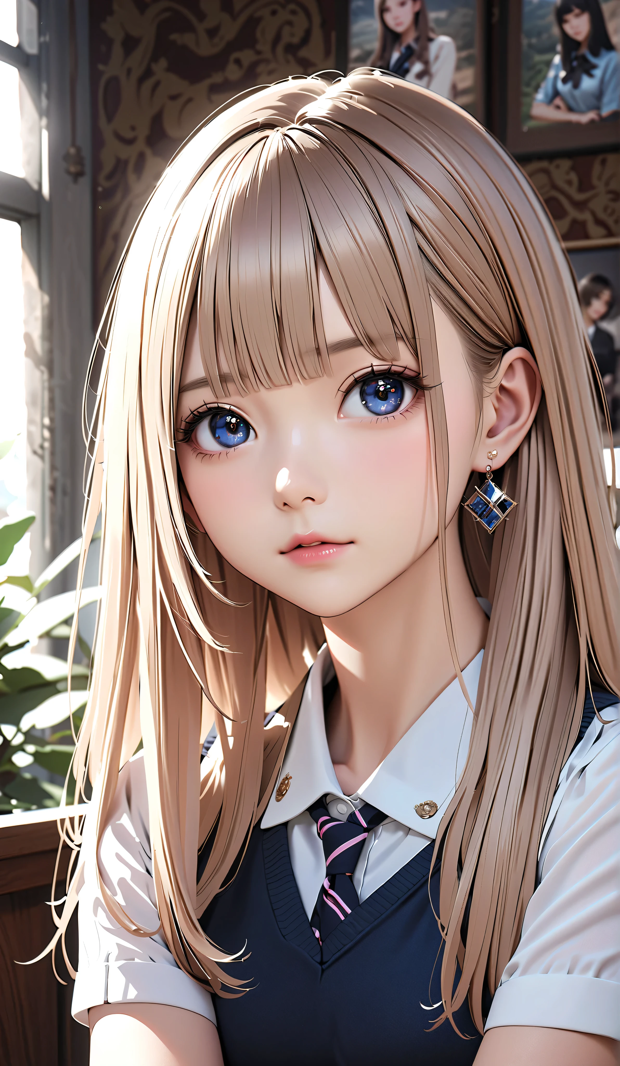 Miss High School Contest 2025 Finalist , Photogenic, very detailedで美しい顔, Close up of a woman sitting with her arms crossed on a neatly arranged straight bangs , long blond hair,Earrings、 is wearing a high school uniform, Realistic High School Girls , School, very detailed, Beautiful Legs 、. ((( best quality, Photorealistic:1.3, high definition , masterpieces in the background ))).