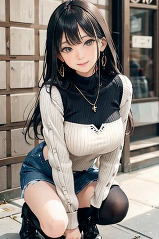 (masterpiece:1.3, Highest quality, Ultra-high resolution, Very detailed), (Realistic, photoRealistic:1.4), Beautiful illustrations, Perfect lighting, Natural light, colorful, Written boundary depth, 
Show Viewer, whole body, Front view:0.6, 1 Girl, Japanese, office lady, 19 years old, Perfect Face, (Perfect Anatomy), Cute and symmetrical face, Baby Face, Shiny skin, , 
(Long Hair:1.7, Straight hair:1.2, Black Hair), Hair between the eyes, Emerald green eyes, Long eyelashes, (Big Breasts:0.8), 
Beautiful Hair, Beautiful Face, Beautiful details, Beautiful clavicle, Beautiful body, Beautiful breasts, Beautiful thighs, Beautiful legs, Beautiful fingers, 
((Short sleeve navy high neck sweater, Grey stretch tapered pants), ID card), 
(Beautiful views), Daytime, (Office Lounge),, (smile, Half an eye, Lips parted),Reading a book,whole body,mini skirt,One person,whole body,Attractive legs