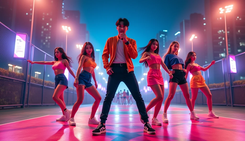 A handsome k-pop idol, short blue side part mullet hair, black eyes, wear light yellow shirt, black jacket, Hold the mic, in ear, kneeling on the red stage, Many female dancers wear black dresses., black hair, surrounded