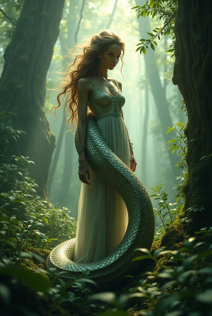 11-year-old girl, the daughter of severus snape, green eyes, black hair,full body, silver dress, A large white snake slipped away，mystical aura, surreal atmosphere, Forest background，（Chinese folk suspense, terroral, Supernatural comic book style）， hyper qualit，hyper HD，4K