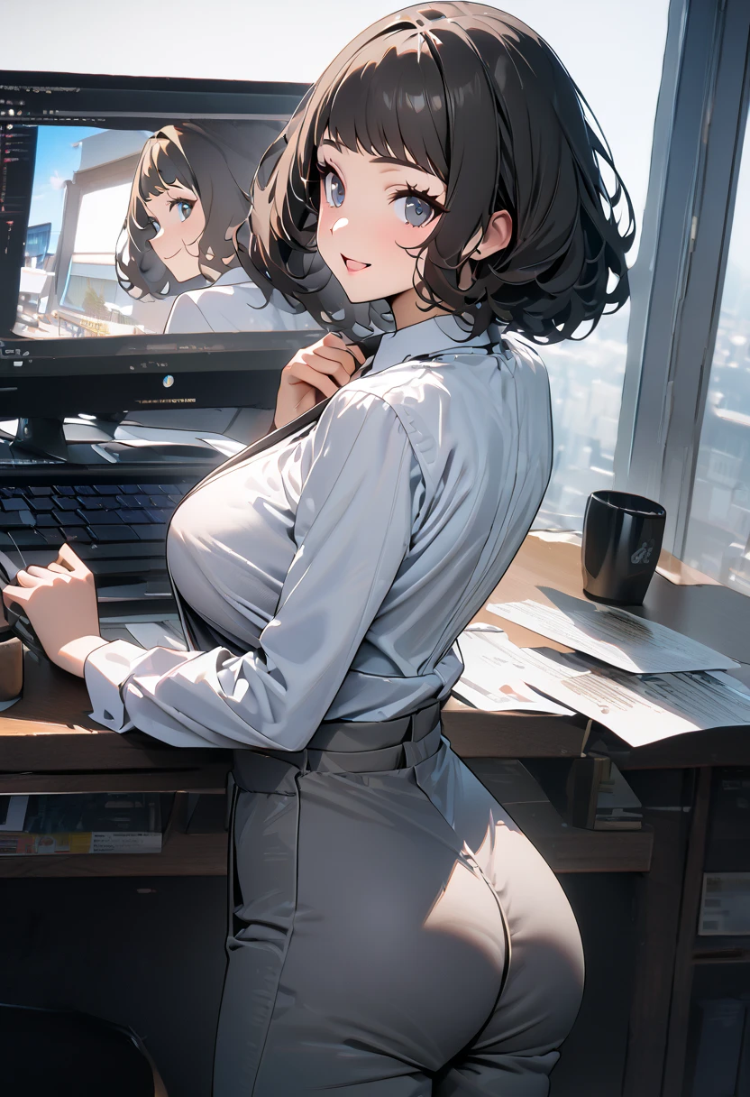 ( best quality, 8k, 32K,  masterpieces in the background ,  super high resolution:1.2),  one girl,  beautiful Japanese woman ,  Thin Waist, grey suit,  white shirt, OL, suit, Top Pants,  chest hanging from behind ,  office room, PC sticking out butt:1.2),  detailed face , ,,(High Quality, Vivid Colors, Studio Lighting)(High Resolution, Ultra High Resolution), road、、Black Hair　Big Breasts、、(( back view)) A face looking back、smile
