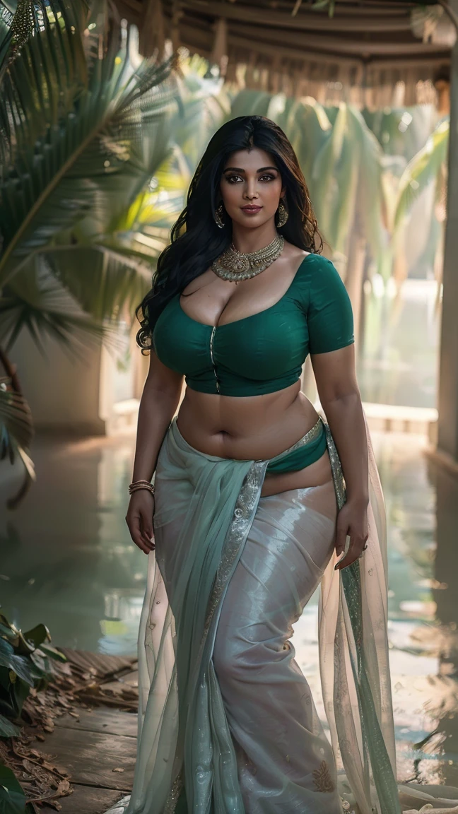 ((full body, curvy figure)), ((Indian milf, indian woman, milf)), (((ultra realistic))) Photo, masterpiece, top quality, (pale skin), (Ultra detailed face and eyes:1.2), 1 girl, Adult, ((in one size too small saree)), strapless saree blouse, ((very heavy eye makeup, mascara)), ((fake detailed lips)), ((shiny wavy hair)), ((Stylish hairstyle)) , (({Enormous|Gigantic|Big|Huge|Mega|Fake} pushed-up breasts)), (very slim waist). ((very huge cleavage)), photoshoot, (Soft) Lighting, (The play of light and shadows), depth of field, bokeh, (special attention to skin detail: 1.2), (special attention to enormous breast size: 1.2), (((special attention to extra tight clothing size: 1.2))), Detailed texture, skin pores, oily skin. (Erotic atmosphere of the frame.), UDR, ((Film grain)), ((rays)), (Glare), ((sexy body)) , ultra detialed, ((oily skin, oily body, shiny skin))((hands behind head, curvy figure, erotic poses, erotica, erotic smile, )) ((green colour saree ))((standing, curvy figure)) sweaty skin , 