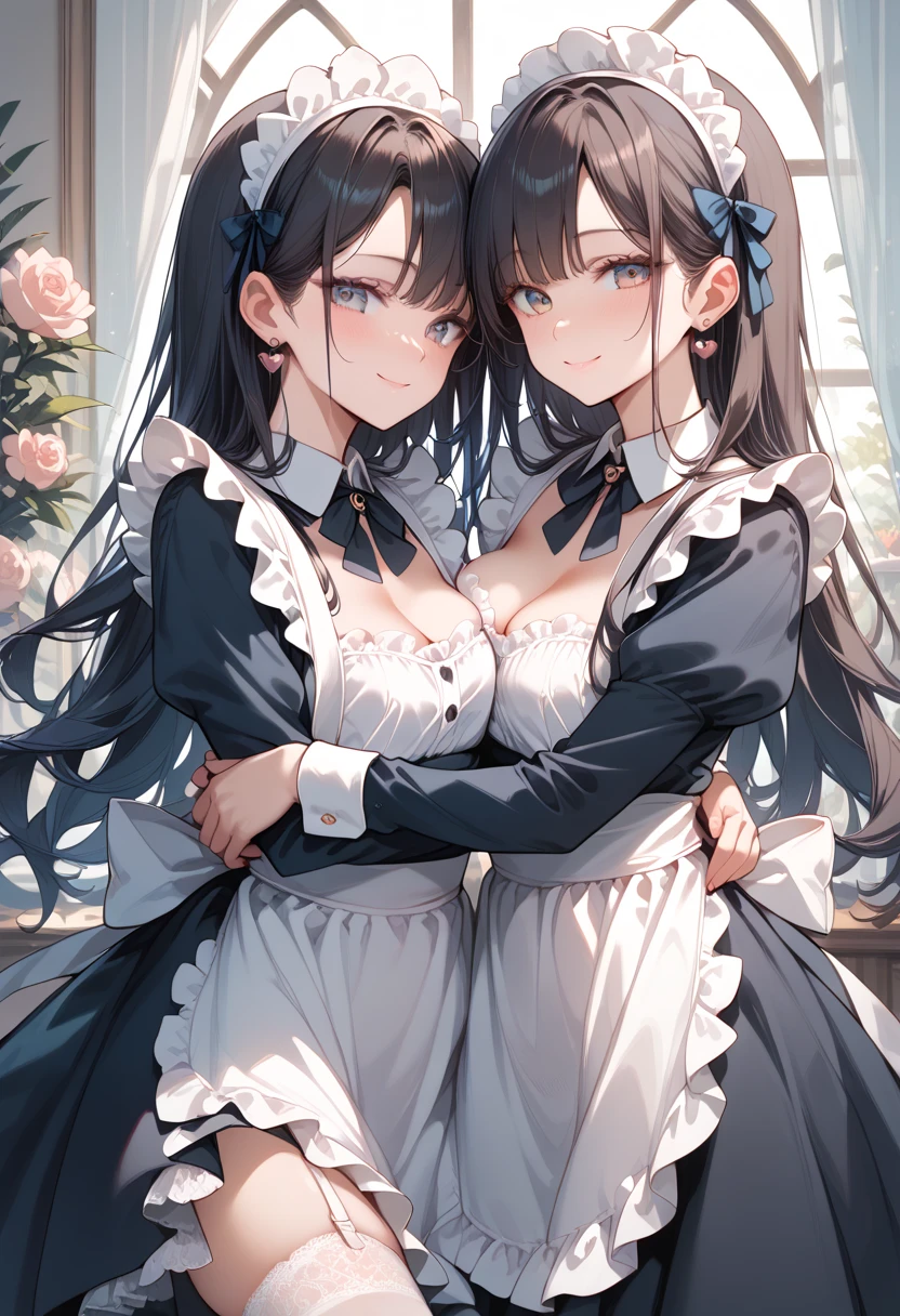 (masterpiece, best quality, ultra detailed, high resolution, detailed facial description), (2 older female:1.2), (black long hair:1.2), (maid, maid headdress, maid apron), (lace trimmed panties, garter belt), (light makeup:1.1), (light smile, seductive smile, blush), hug a stuffed animal