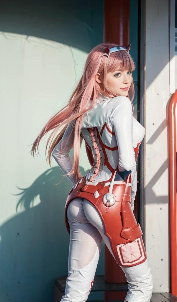  very detailed background ,  masterpiece ,  best quality, 1 ,Young, beautiful, Alone, ((  masterpiece ,  best quality)), Better aesthetics, zero two , (smile), (Dear in Franxx ), Dear in Franxx  , fringe, biting , Blush, shadow,  green eyes , hair on the back of the head, hand on hip, horn,  long hair,  looking at the spectator , makeup, Pilot costume, red costume, pink hair, red shadow,  science fiction , stretched skin,(((Standing with focus on white boots)))
