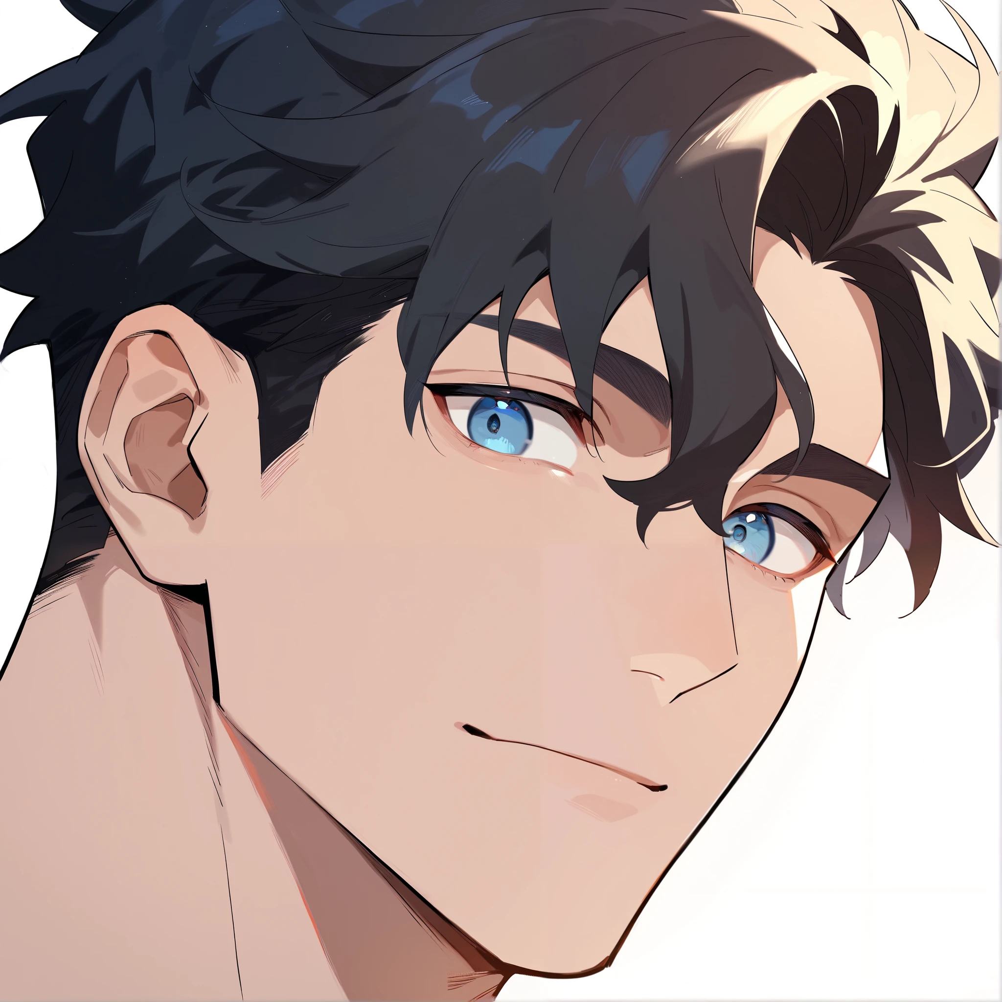 1boy, male focus, eyes focus, handsome male, solo, upper body, looking at viewer, black hair, wavy hair, blue eyes, bangs, simple background, best quality, amazing quality, best aesthetic, absurdres