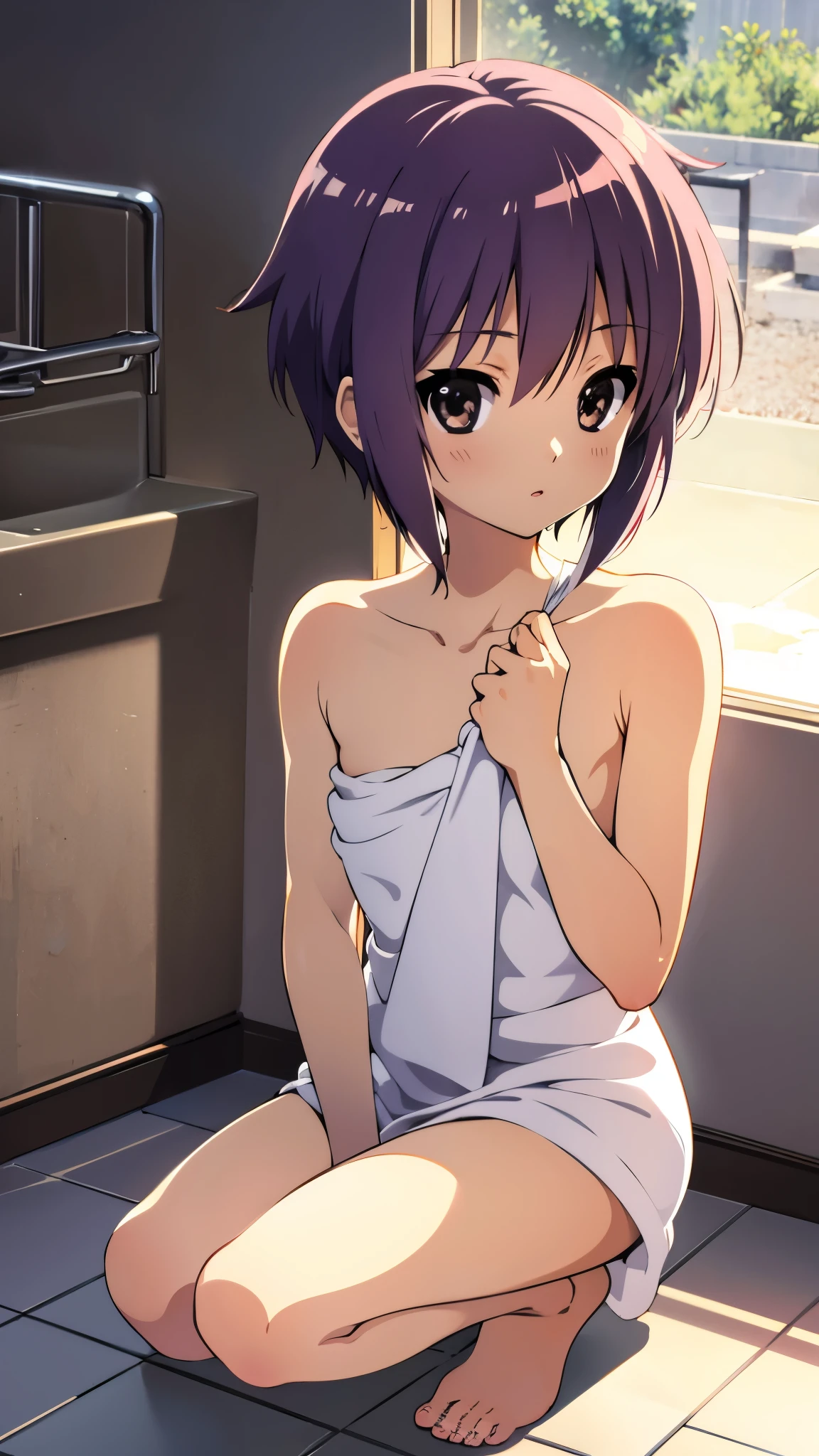 anime style, best quality, 8k, high res, masterpiece, detailed face, indoor, in bath room, expressionless, naked towel:1.4, white towel:1.2, fluffy towel:1.7, on weight scale, squatting,