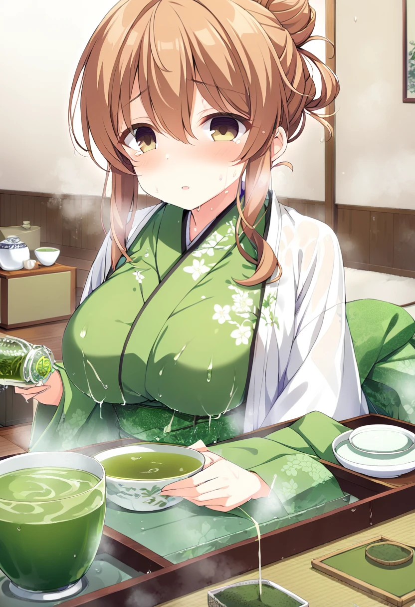 1girl, nsfw,　KAWAKAMISERI, (Girl Friend Beta)  17years old, LIGHT BROWN HAIR, HAIR BUN, HAIR UP, HAIR BETWEEN EYES, SHORT HAIR, SIDELOCKS, BROWN EYES,, large breasts,  neat and clean, polite, (green tea, tea ceremony:1.4), japanese style room,, empty eyes,  frozen, (Sweating profusely, Love juice, Wet Woman, female ), crying, Naked, (1girl) Peeing, lactation, projectile lactation