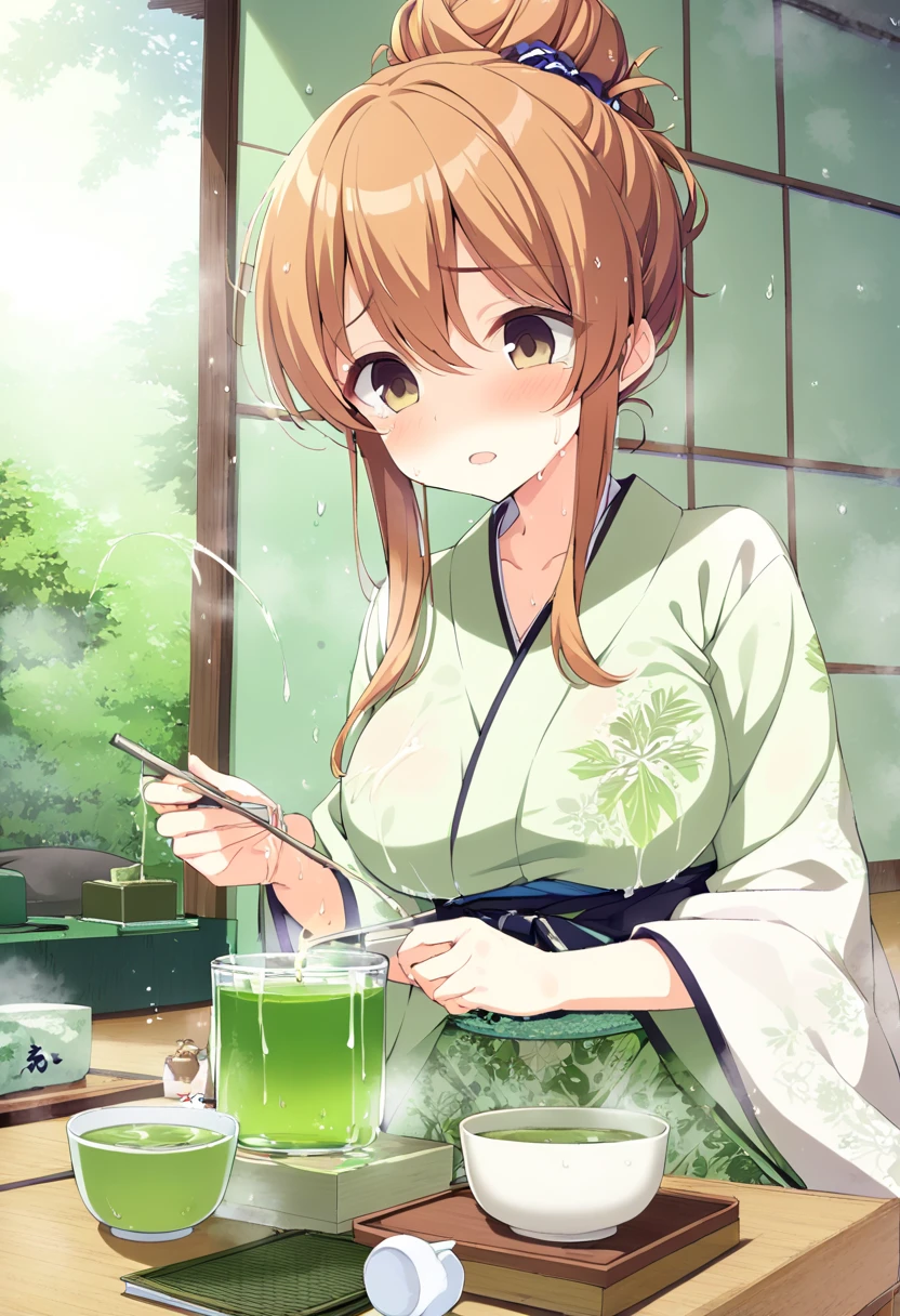 1girl, nsfw,　KAWAKAMISERI, (Girl Friend Beta)  17years old, LIGHT BROWN HAIR, HAIR BUN, HAIR UP, HAIR BETWEEN EYES, SHORT HAIR, SIDELOCKS, BROWN EYES,, large breasts,  neat and clean, polite, (green tea, tea ceremony:1.4), japanese style room,, empty eyes,  frozen, (Sweating profusely, Love juice, Wet Woman, female ), crying, Naked, (1girl) Peeing, lactation, projectile lactation