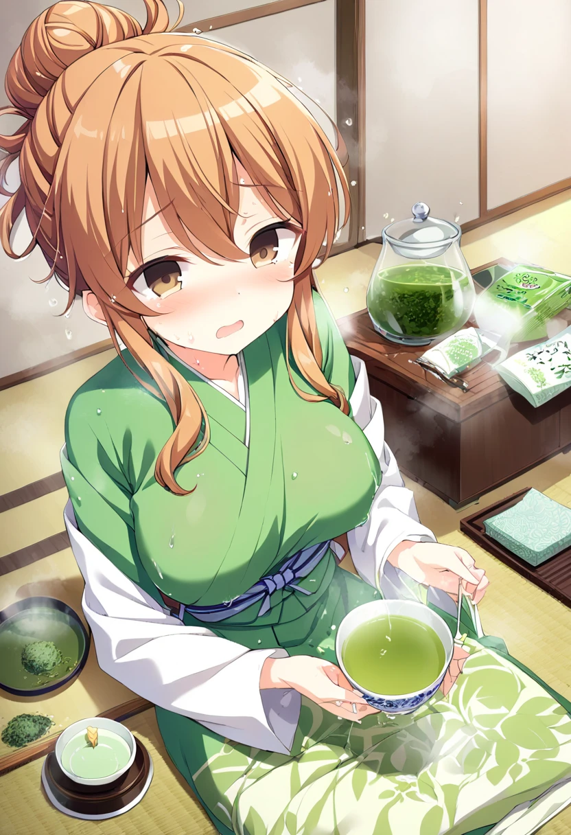 1girl, nsfw,　KAWAKAMISERI, (Girl Friend Beta)  17years old, LIGHT BROWN HAIR, HAIR BUN, HAIR UP, HAIR BETWEEN EYES, SHORT HAIR, SIDELOCKS, BROWN EYES,, large breasts,  neat and clean, polite, (green tea, tea ceremony:1.4), japanese style room,, empty eyes,  frozen, (Sweating profusely, Love juice, Wet Woman, female ), crying, Naked, (1girl) Peeing, lactation, projectile lactation