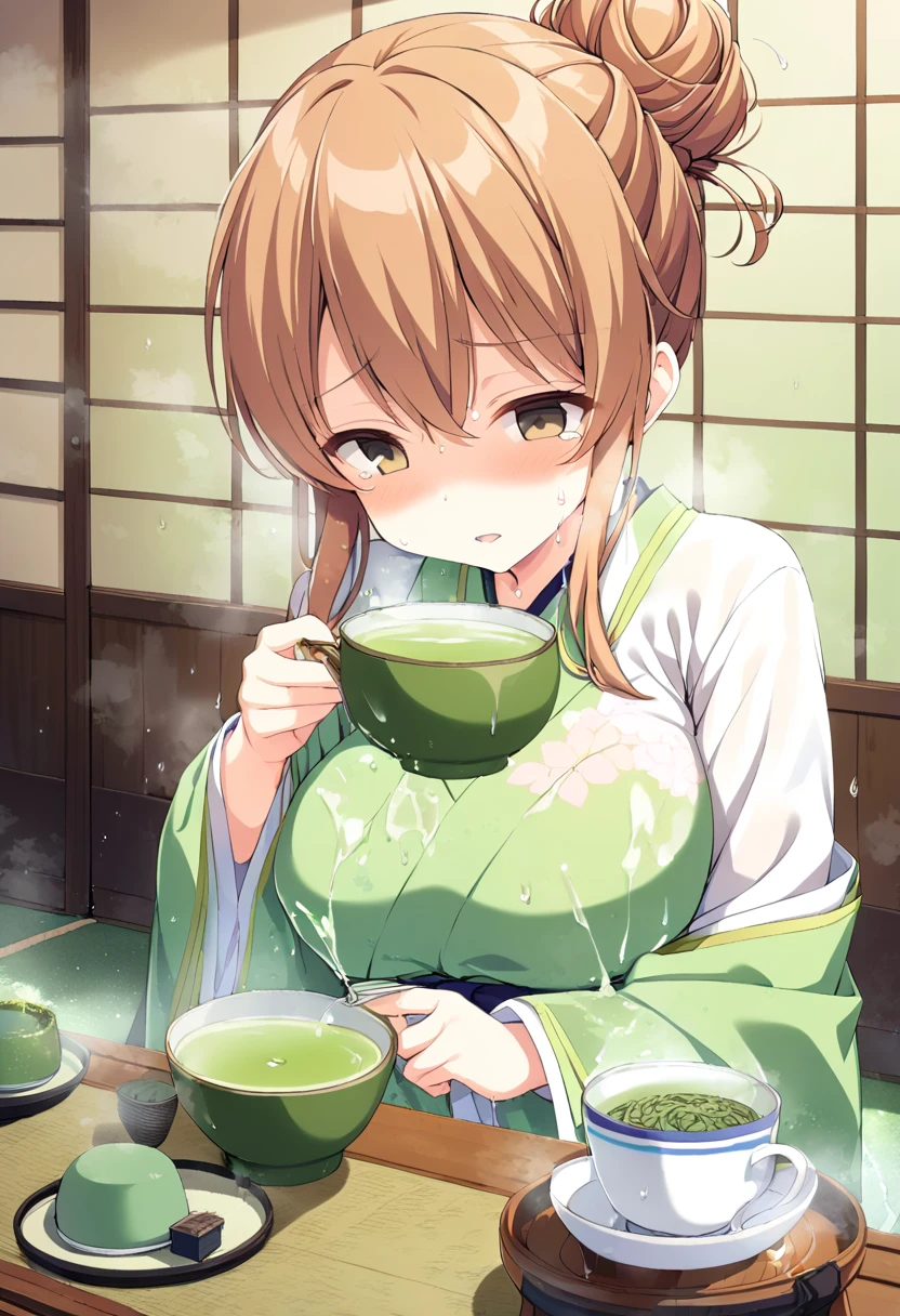 1girl, nsfw,　KAWAKAMISERI, (Girl Friend Beta)  ars old, LIGHT BROWN HAIR, HAIR BUN, HAIR UP, HAIR BETWEEN EYES, SHORT HAIR, SIDELOCKS, BROWN EYES,, large breasts,  neat and clean, polite, (green tea, tea ceremony:1.4), japanese style room,, empty eyes,  frozen, (Sweating profusely, Love juice, Wet Woman, female ), crying, Naked, (1girl) Peeing, lactation, projectile lactation