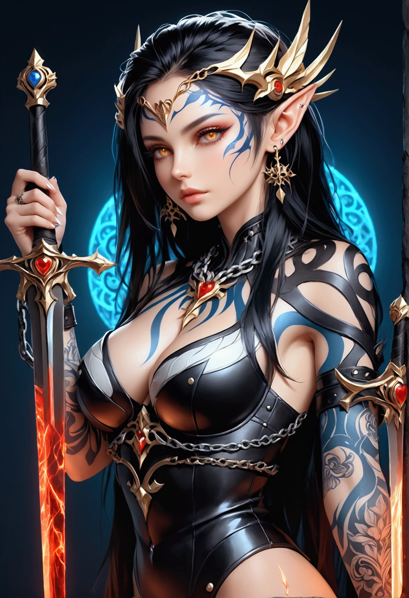 Close-up of a woman wearing a red dress and gold jewelry, ((Elf ears)),Royal sisters,Excellent appearance,Queen Medusa,Beautiful and elegant queen, portrait of queen, xianxia, Beautiful fantasy queen, xianxia fantasy, Beautiful young wind elf, Inspired by trees, ((Beautiful fantasy queen)), Zhao Yun, xianxia hero, 3D animation realistic, full-body xianxia, Smooth anime CG art