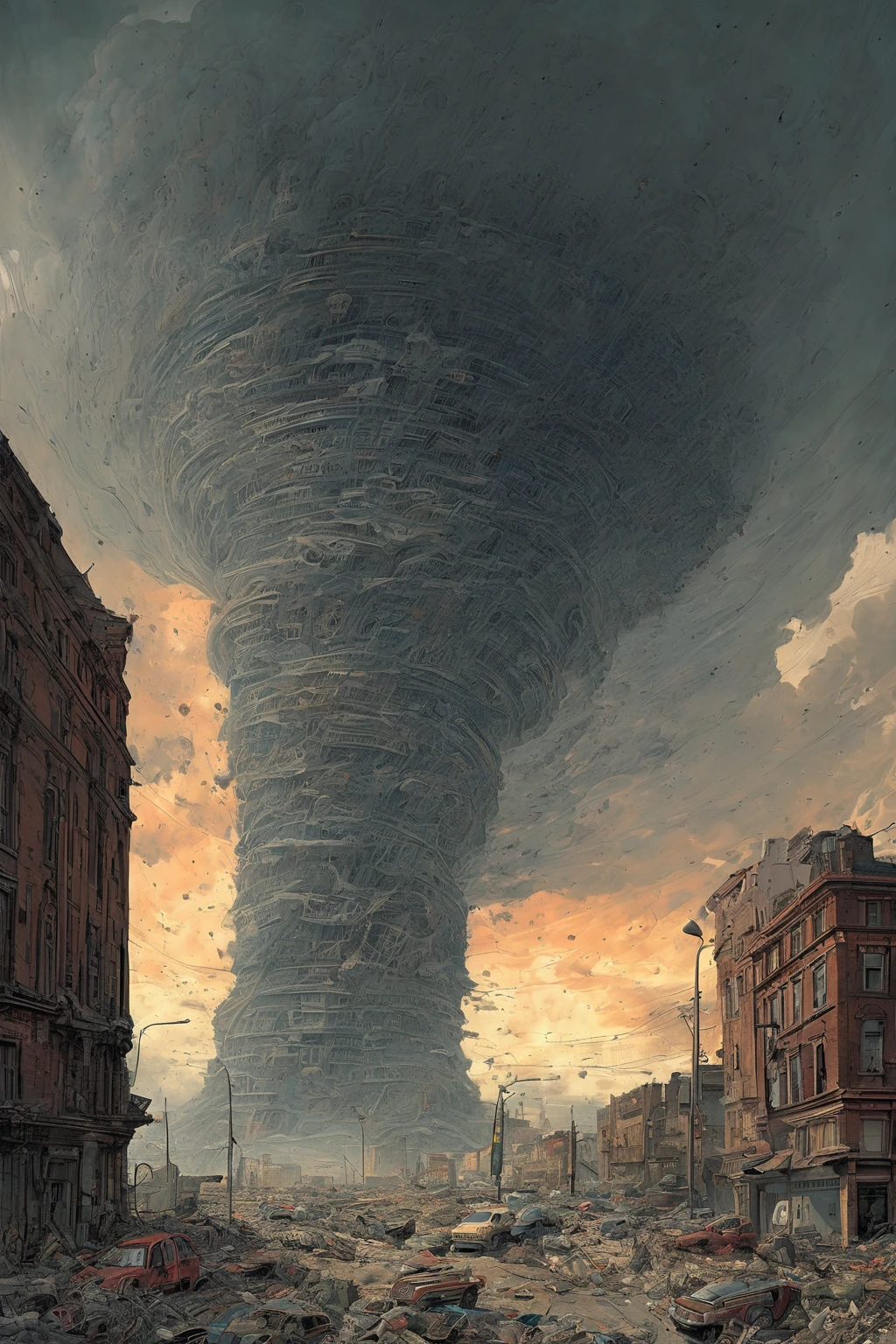 moebius (Jean Giraud) Style -"A catastrophic scene of a massive tornado tearing through a densely populated city, leaving destruction in its wake. Skyscrapers crumble and bend as the tornado's immense force rips through them, while cars, debris, and shattered glass are hurled into the air. The streets are flooded with chaos as people scramble for shelter amidst overturned vehicles and collapsing infrastructure. The sky is an ominous swirl of dark clouds and lightning, casting an eerie, flickering light over the apocalyptic landscape. The tornado itself is a towering column of swirling debris and wind, its sheer power dominating the scene. The atmosphere is intense, chaotic, and deeply unsettling, capturing the raw force of nature's fury."