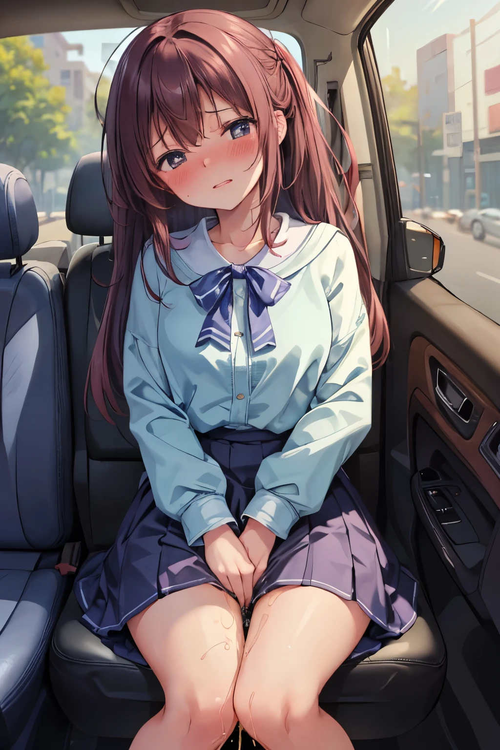 (8K, ultra-detailed, best quality, anatomically perfect body:2), (beautiful breast:1.2), shiny skin, (1 girl), (have to pee), (desperate urge to pee), (very desperate to pee), (her bladder is at its limit:1.5), (in the car, sitting shallowly:1.6), (fidget:1.4), wetting self, (blouse, long skirt, pantyhose:1.3), (ankle boots), panty pull, (Untidy hair:1.4), (she knead her crotch tightly:1.8), (leaning forward), (knees together, Rub each other's thighs:1.5), (shrugs:1.8), (orgasm:1.5), (full face blush:1.7), (embarrassment:1.6), (impatience:1.7), (flustered:1.5), (flowing sweat:0.7), (twist whole body:1.4), (panting), breathless, (Humiliation), (Erotic feelings), (closed eyes:0.95), (She is arousal to hold pee:1.2), (tear), looking away, (head tilt:1.1), (parted lips:1.1), (SIGMA 105 mm F/2.8, 1/100 sec shutter, award-winning), nsfw,