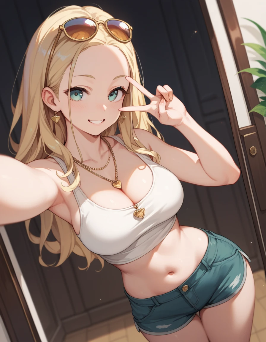 wide view, anime style, selfie angle, hard light, blonde hair, wavy hairstyle, 1 woman, tank top, short pants, sunglasses on head, forehead, side, cleavage, navel, V sign, gold necklace