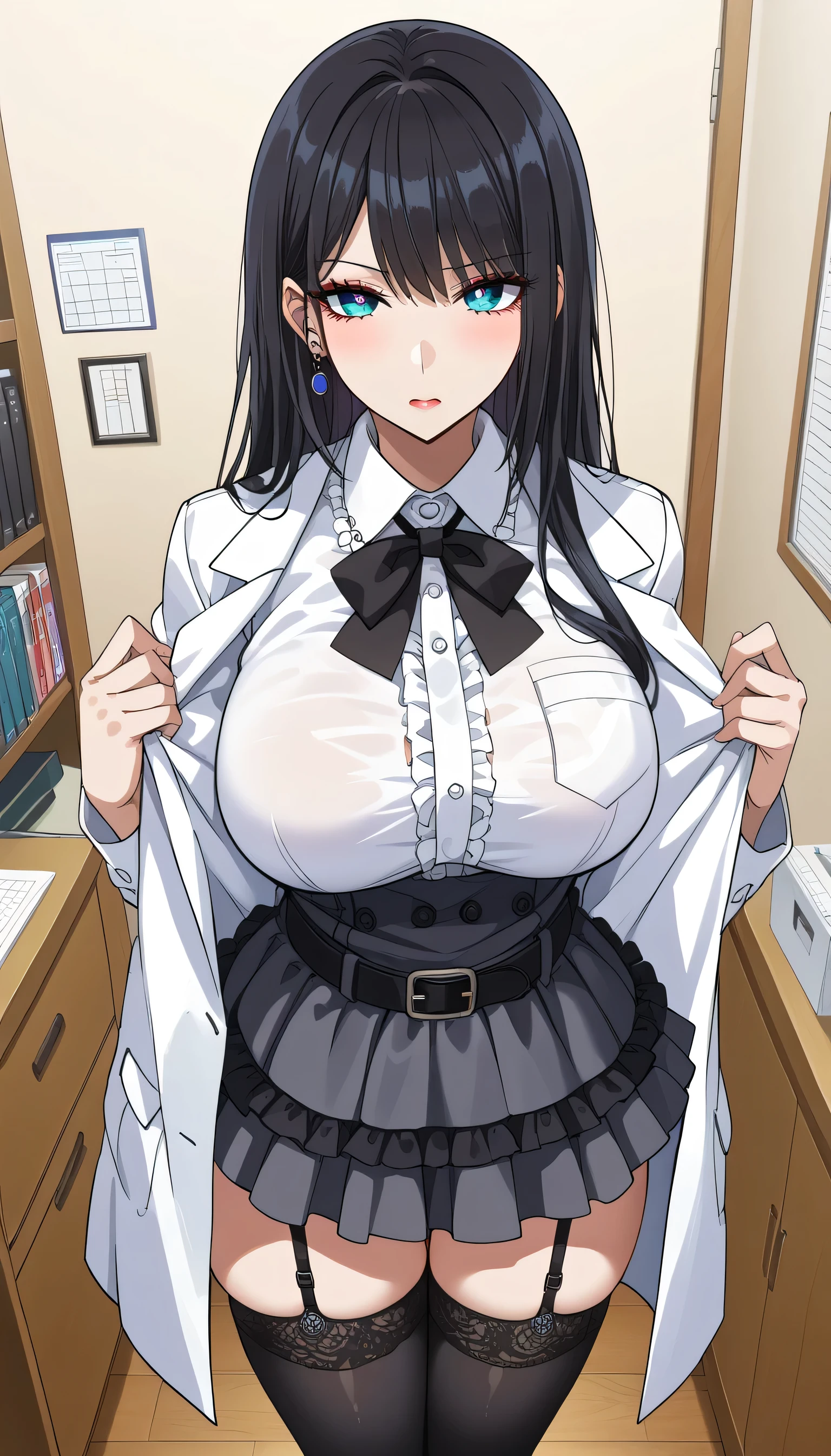 frustrated、Depressed、Bad mood、 I'm in a bad mood、The appeal of sexy adults、Future Gadget Laboratory 、Tall Women、A woman in her thirties、 Alassah's woman 、steins;Gate、Bad mood、 score_9, score_8_up, score_7_up, source_anime,masterpiece、 office、office、 No Emotion、 no makeup、 best quality, beautifully detailed eyes , Exquisite Eyes、A sophisticated eye、 highly detailed eyes and face,Unmotivated look、Apathetic face、 long breasts, 1 female, Put on a white coat、Grey dress shirt、 gothic ta、 Gothic Lolihirt Under a White Coat、 Grey Gothic Lolita S 、Black Gothic Lolita Skirtray gothic lolita shirt、 BlGothic Lolita Skirt 、 Mini t、 short skirt , Big saggy breasts, shockingly Big Breasts , Big Breasts , room,Big Breasts、 boobs 、 zitales , makeup、 no makeup、 black hair、 long hair、Smooth straight hair、 black stockings、 garter belt、black garter belt 、 taken from above、 plump thighs