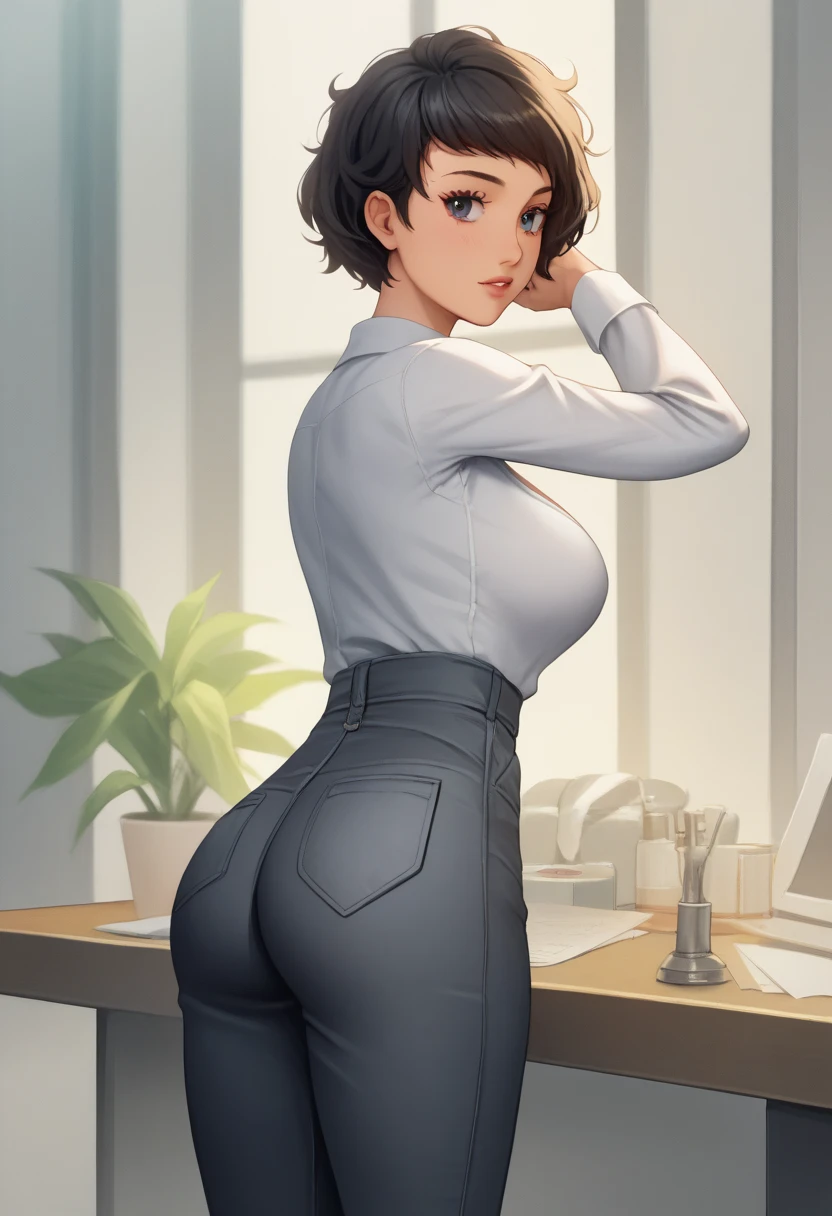 ( best quality, 8k, 32K,   masterpieces in the background ,  super high resolution:1.2),  one girl,  beautiful Japanese woman ,  Thin Waist, grey suit,  white shirt, OL, suit,  joe jet pants,  chest hanging from behind ,  office room, mechanical, ( Buttocks sticking out while wearing underpants:1.2),  detailed face , ,,(High Quality, Vivid Colors, Studio Lighting)(High Resolution, Ultra High Resolution), road、、Black Hair　Big Breasts、、face looking backwards
