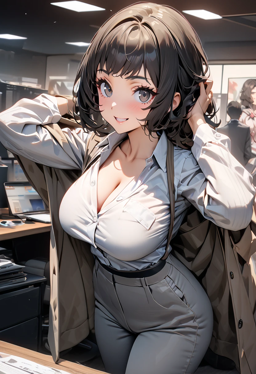 ( best quality, 8k, 32K,  masterpieces in the background ,  super high resolution:1.2),  one girl,  beautiful Japanese woman ,  Thin Waist, grey suit,  white shirt, OL, suit, Top Pants,  chest hanging from behind ,  office room, PC sticking out butt:1.2),  detailed face , ,,(High Quality, Vivid Colors, Studio Lighting)(High Resolution, Ultra High Resolution), road、、Black Hair　Big Breasts、、(( back view)) A face looking back、smile
