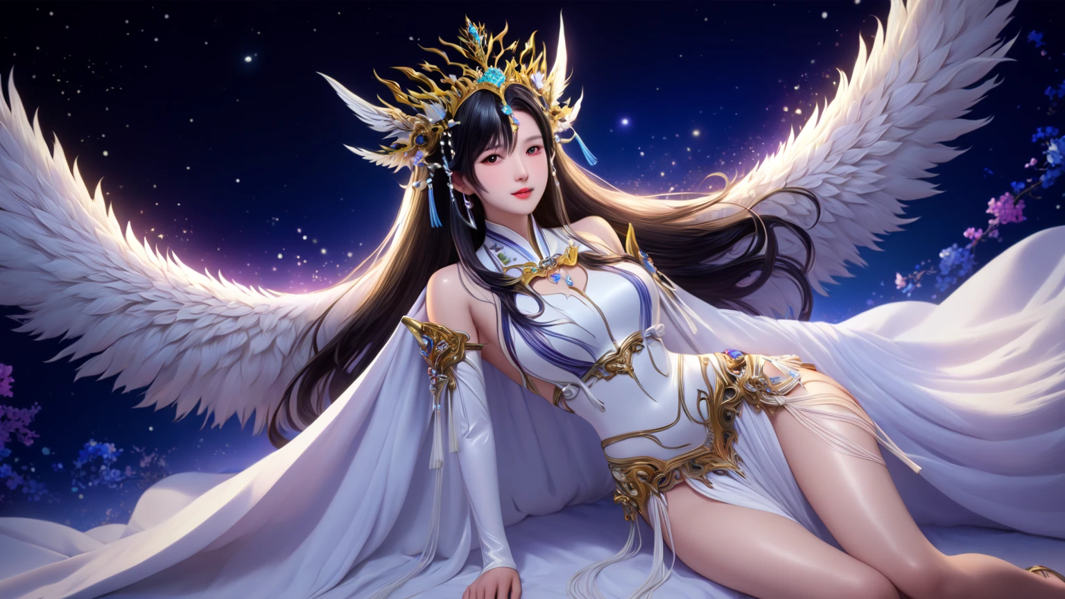 Masterpiece，highest  quality，(Nothing but the ring)，(No Man),Phoenix ring setting，starrysky，Wrapped around the end from beginning to end，Delicate gold ring，Starry sky in the ring,The sheen，inverted image，Sparkling blue-purple gemstones，Elegant and noble,simple backgound