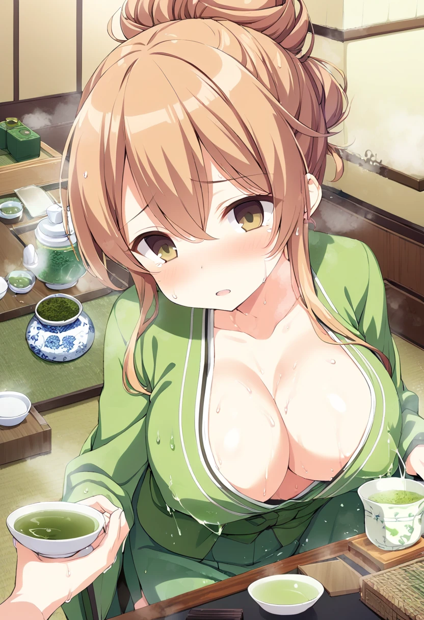 1girl, nsfw,　KAWAKAMISERI, (Girl Friend Beta)  17years old, LIGHT BROWN HAIR, HAIR BUN, HAIR UP, HAIR BETWEEN EYES, SHORT HAIR, SIDELOCKS, BROWN EYES,, large breasts,  neat and clean, polite, (green tea, tea ceremony:1.4), japanese style room,, empty eyes,  frozen, (Sweating profusely, Love juice, Wet Woman, female ), crying, nsfw, nipple, Naked, (1girl) Peeing, lactation, projectile lactation