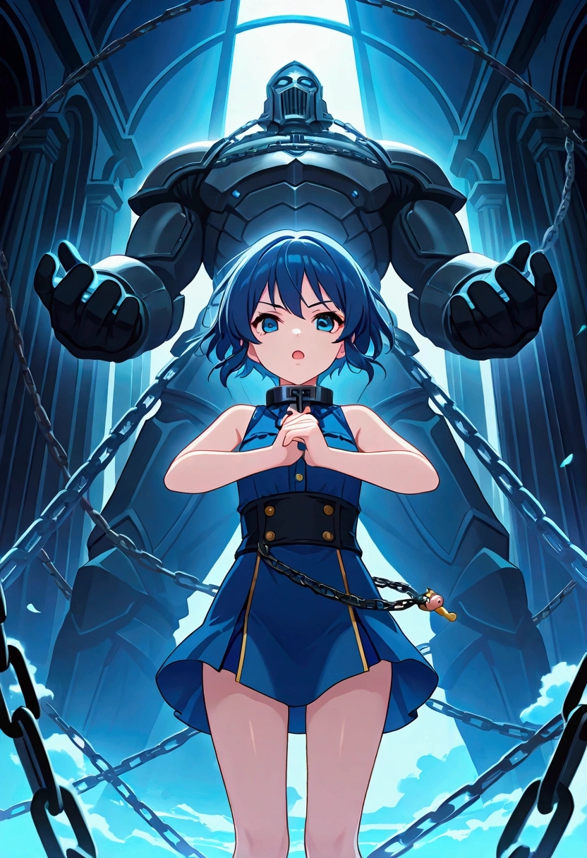 a girl holds a giant, blue keychain behind her back with both hands, 1girl, blue eyes, solo, blue hair, chain, looking at viewer, open mouth, short hair