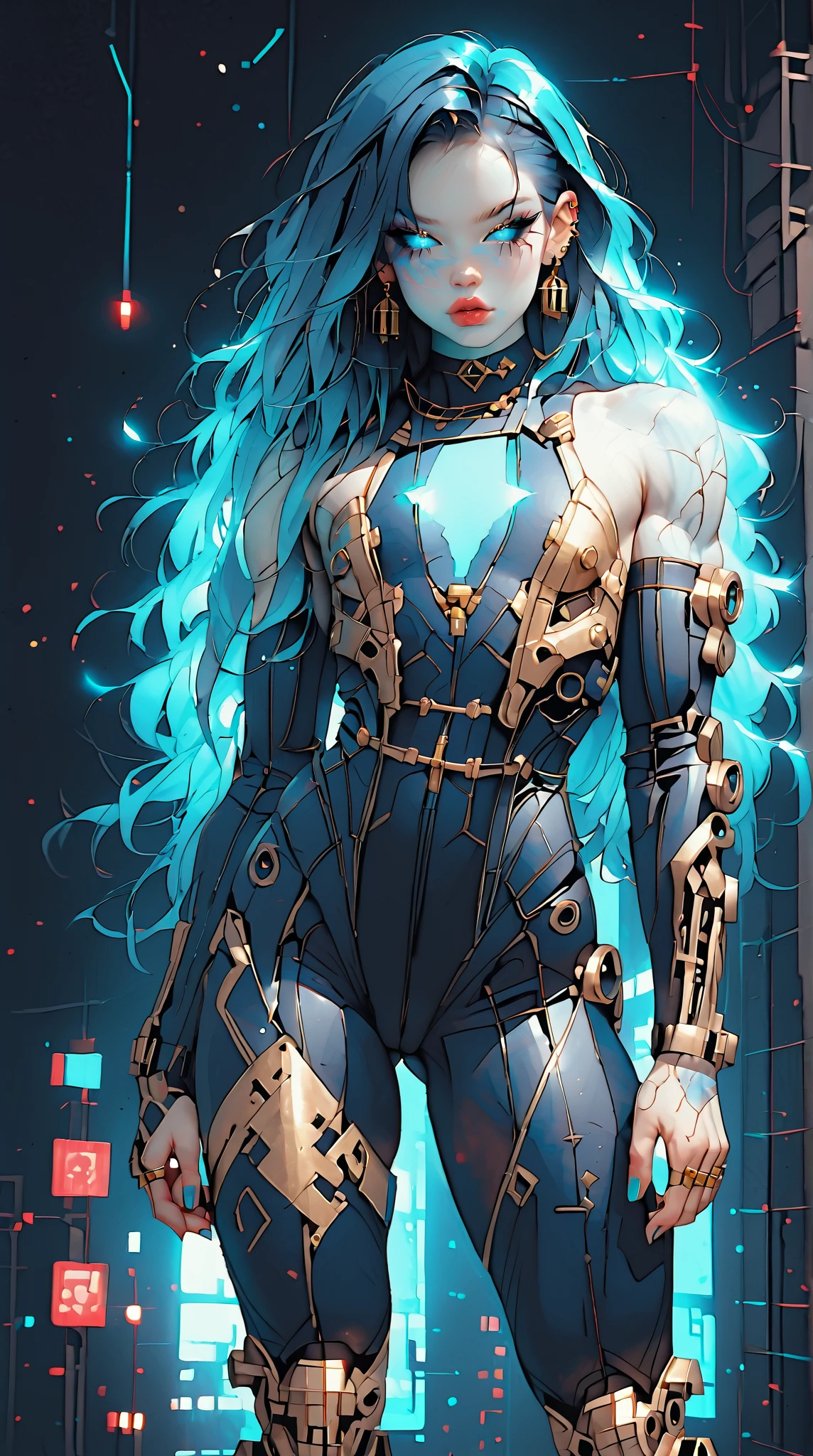 (nsfw:1), (Uncensored:1), score_9, score_8_up, score_7_up, (Three quarters Shot), (1 girl), (asian), beautiful teenage (skinny) muscular goth cyborg girl, (full Cybernetic bodysuit:1.5), (black sclera:1.5), (blue glowing eyes:1.5), (blue glowing body veins:1.5), (flat chest:1.25), (blue glowing hair:1.25), (beautiful face:1.25), (bodybuilder femboy physique:1.25), (skinny long legs:0.75),(blue willow pattern:1.5), (gold cracks:1.2), kintsugi, long hair, (skin painting:1.2), full body, (white skin), k1ntsug1, bimbo lips, cowboy shot, cybernetic, mechanoid body parts, exposed cables and circuits, neon lights, gothic neon style, cyber punk style, super realistic image, beautiful digital paint , hyper Realistic illustrations, 