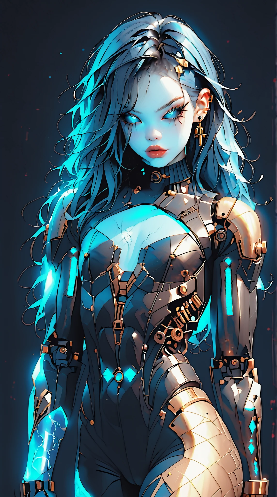 (nsfw:1), (Uncensored:1), score_9, score_8_up, score_7_up, (Three quarters Shot), (1 girl), (asian), beautiful teenage (skinny) muscular goth cyborg girl, (full Cybernetic bodysuit:1.5), (black sclera:1.5), (blue glowing eyes:1.5), (blue glowing body veins:1.5), (flat chest:1.25), (blue glowing hair:1.25), (beautiful face:1.25), (bodybuilder femboy physique:1.25), (skinny long legs:0.75),(blue willow pattern:1.5), (gold cracks:1.2), kintsugi, long hair, (skin painting:1.2), full body, (white skin), k1ntsug1, bimbo lips, cowboy shot, cybernetic, mechanoid body parts, exposed cables and circuits, neon lights, gothic neon style, cyber punk style, super realistic image, beautiful digital paint , hyper Realistic illustrations, 