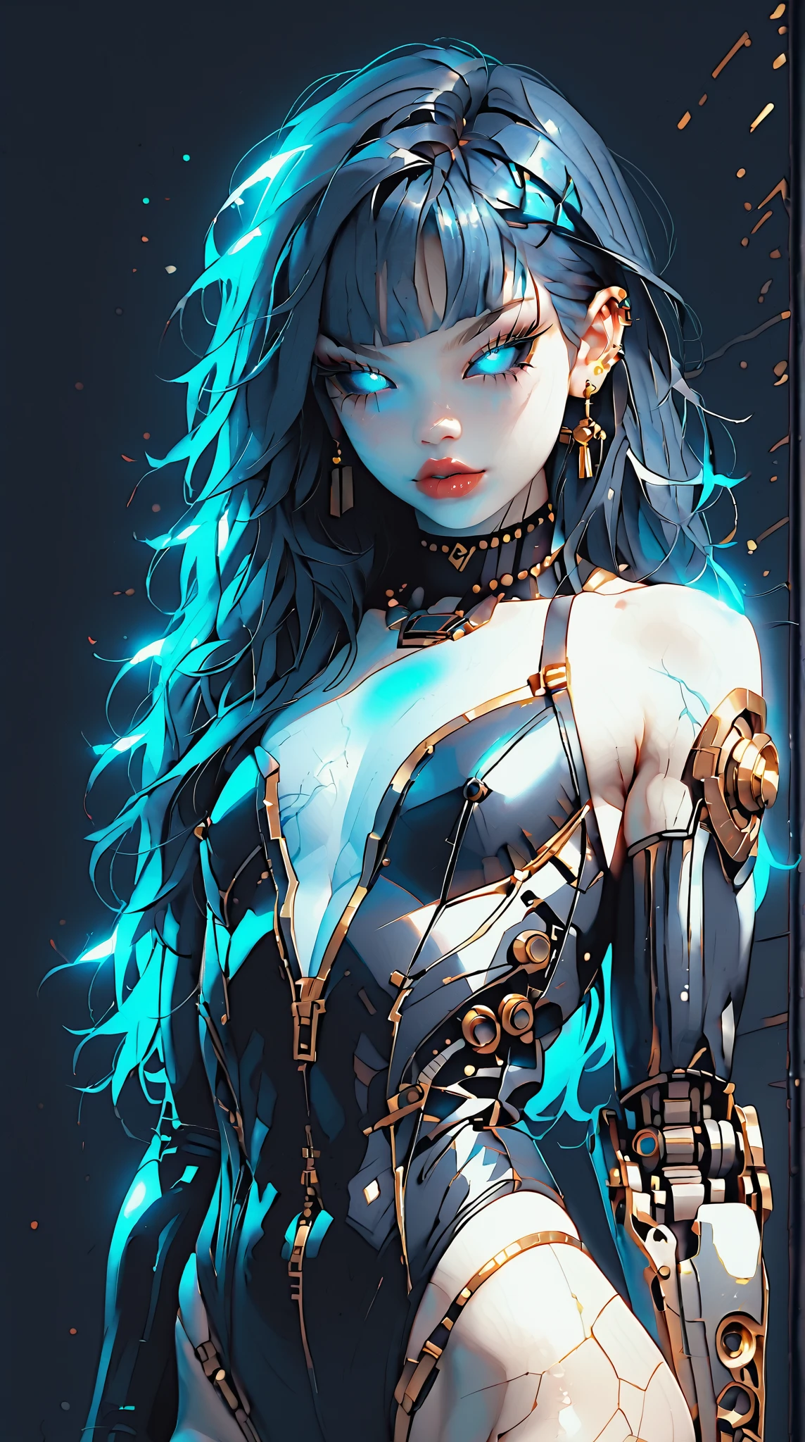 (nsfw:1), (Uncensored:1), score_9, score_8_up, score_7_up, (Three quarters Shot), (1 girl), (asian), beautiful teenage (skinny) muscular goth cyborg girl, (full Cybernetic bodysuit:1.5), (black sclera:1.5), (blue glowing eyes:1.5), (blue glowing body veins:1.5), (flat chest:1.25), (blue glowing hair:1.25), (beautiful face:1.25), (bodybuilder femboy physique:1.25), (skinny long legs:0.75),(blue willow pattern:1.5), (gold cracks:1.2), kintsugi, long hair, (skin painting:1.2), full body, (white skin), k1ntsug1, bimbo lips, cowboy shot, cybernetic, mechanoid body parts, exposed cables and circuits, neon lights, gothic neon style, cyber punk style, super realistic image, beautiful digital paint , hyper Realistic illustrations, 