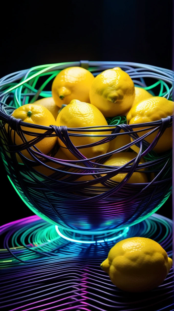 Abstract style mysterious bowl of lemons emerges from the shadows in a tangled mess of iridescent wires and glowing mesh, color splash extreme close-up, face hidden behind layers of glitched wavy distortions, Non-representational, colors and shapes, expression of feelings, imaginative, highly detailed. A glass container that holds lemonade.