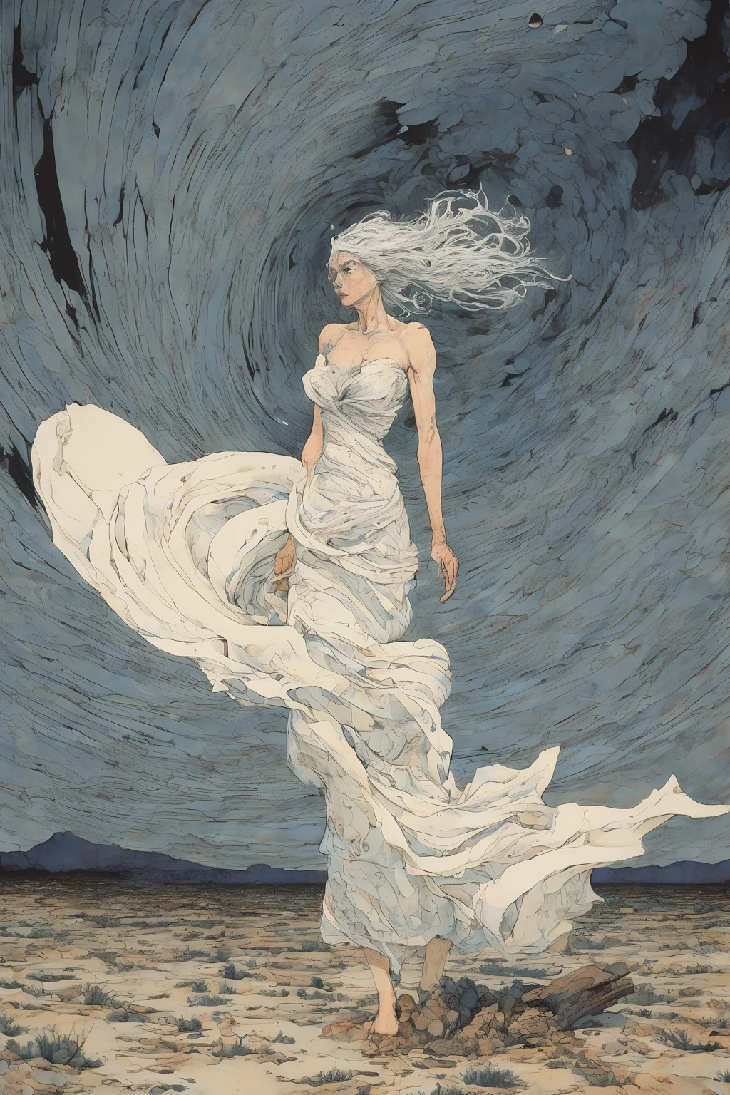 moebius (Jean Giraud) Style -A surreal and haunting scene of a massive, swirling tornado dominating the landscape, its violent winds carrying debris and dust in a chaotic spiral. At the tornado’s core, a figure emerges—a mysterious woman seemingly made of pure white paper. Her form is delicate and intricate, with flowing, layered sheets resembling a dress and fluttering in the tempest. Her pale, enigmatic face peers out with an intense, curious gaze, her paper-like hair whipping wildly in the wind. The background is a desolate plain under a stormy sky, with flashes of lightning illuminating the dramatic spectacle. The atmosphere is both unsettling and mesmerizing, blending natural fury with ethereal beauty

