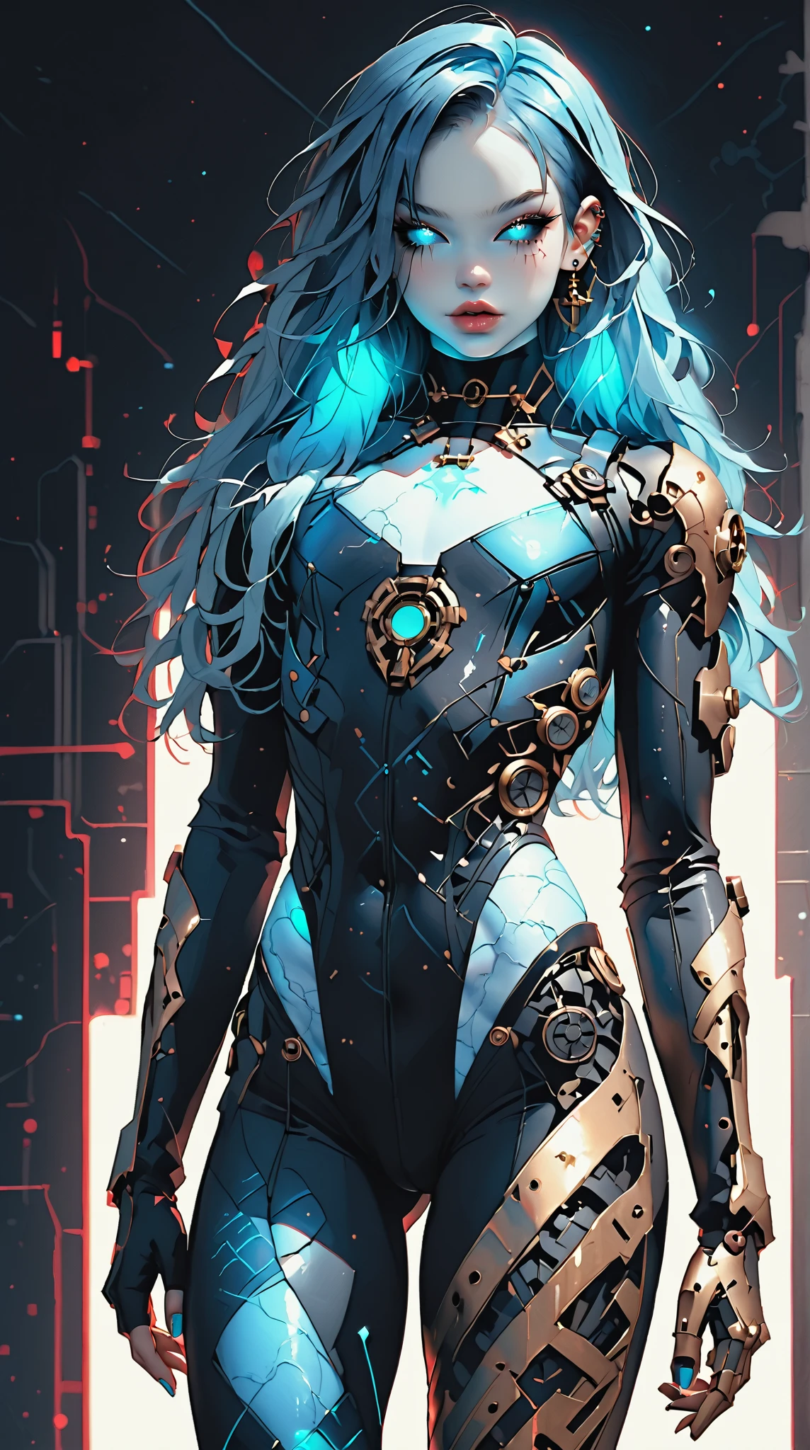 (nsfw:1), (Uncensored:1), score_9, score_8_up, score_7_up, (Three quarters Shot), (1 girl), (asian), beautiful teenage (skinny) muscular goth cyborg girl, (full Cybernetic bodysuit:1.5), (black sclera:1.5), (blue glowing eyes:1.5), (blue glowing body veins:1.5), (flat chest:1.25), (blue glowing hair:1.25), (beautiful face:1.25), (bodybuilder femboy physique:1.25), (skinny long legs:0.75),(blue willow pattern:1.5), (gold cracks:1.2), kintsugi, long hair, (skin painting:1.2), full body, (white skin), k1ntsug1, bimbo lips, cowboy shot, cybernetic, mechanoid body parts, exposed cables and circuits, neon lights, gothic neon style, cyber punk style, super realistic image, beautiful digital paint , hyper Realistic illustrations, 