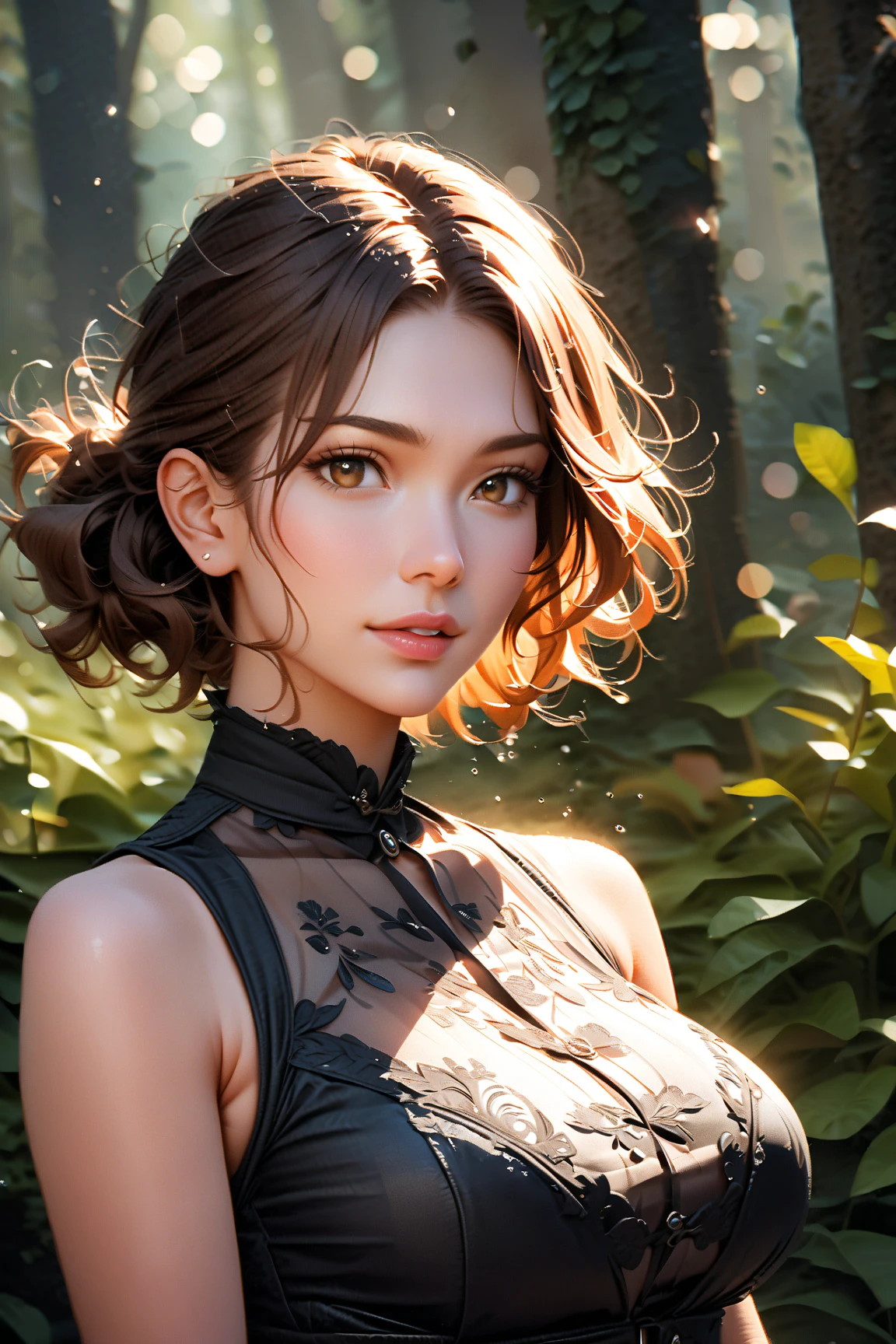 Beautiful American white woman、Dark Blonde、Her hair is tied in a ponytail at the back of her head with a ribbon、My hair is wavy、blue eyes 、slender、Out of focus background of open grassland in a forest、The sunlight filtering through the trees is beautiful.、smile、looking at the camera、slenderでありながら胸が大きく均整の取れた身体、Posing like a model、Brush your hair up、There must be headroom、Bare Breasts、Very high definition、She is wearing a tight black sleeveless lace dress