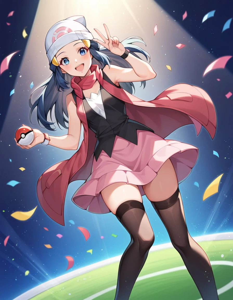 score_9, score_8_up, score_7_up, anime_source, pokemondawn, pokemon dawn, navy blue hair with a greyish tint, blue eyes, long hair, neckband, blue headband, pink shirt, sleeveless, bare arms, red jacket, pink skirt, high black stockings, dutch angle, hand up, smile, happy, open mouth, holding a pokeball, light particles, light rays, dutch angle, aura, backlight, confetti, light particles, light rays, stage, stage lights, spotlight