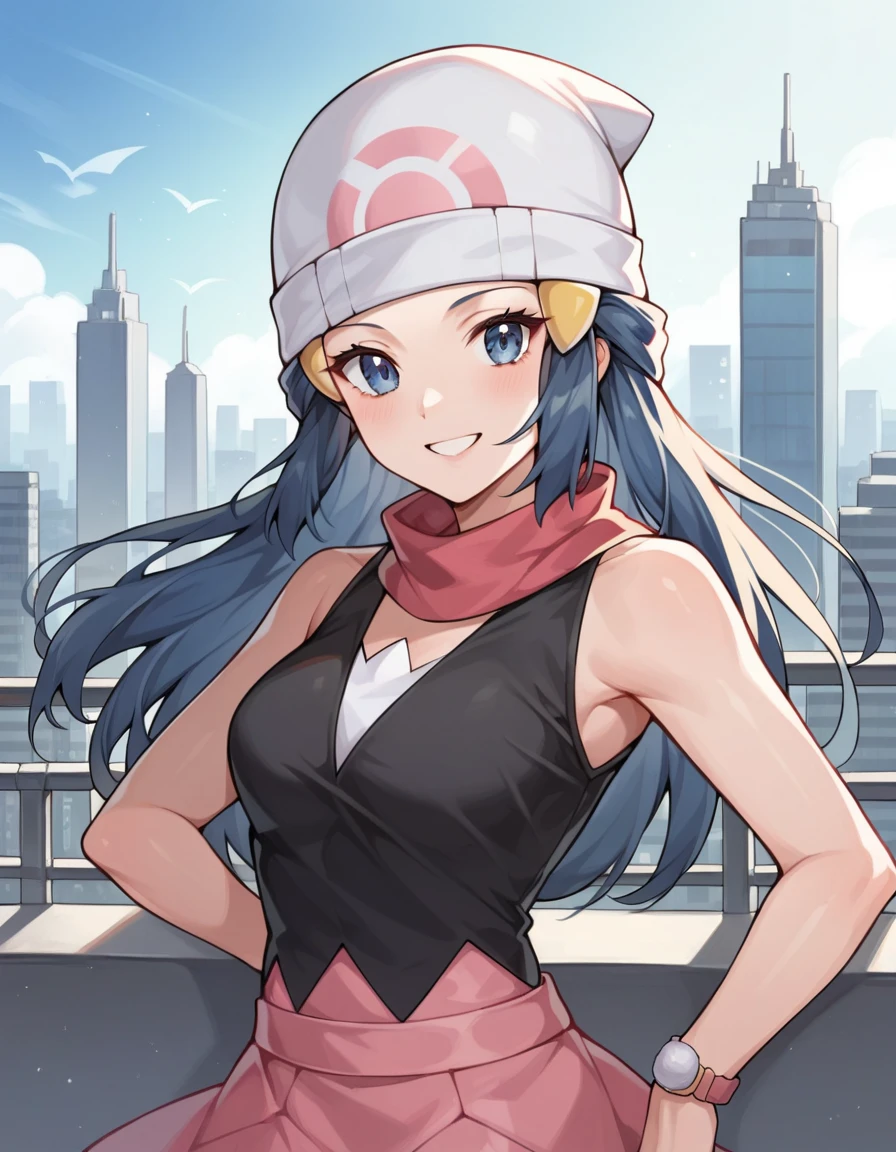 score_9, score_8_up, score_7_up, anime_source, pokemondawn, pokemon dawn, navy blue hair with a greyish tint, blue eyes, long hair, smile, glasses on head, hat, skirt, sunglasses, shirt, black shirt, sleeveless, red skirt, pink hat, outdoors, cityscape, looking at viewer, cowboy shot,