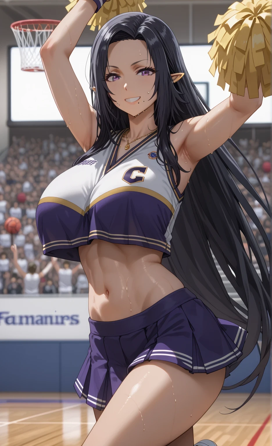 Source anime, Tall girl, Fit girl,score_9, score_8_up, score_7_up, score_6_up, ultra-detailed, 1girl, gamma, long hair, purple eyes, black hair, very long hair, pointy ears, mole, mole under mouth, huge breast, flash gyaru,huge breast, 1girl, cheerleader, pom_pom_(cheerleading), solo, white_background, simple_background, skirt, smile, looking_at_viewer, long_hair, sweat drop, basketball court, crowd, blurry backgrounds, Hands up, arms outstretched, one leg up, cheering