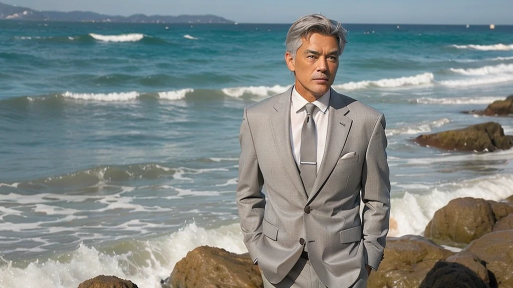 gray-haired man in suit　There is a sea urchin with gray hair