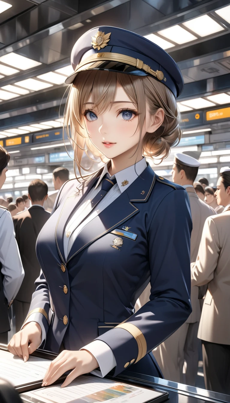  Detailed digital CG unit with extreme quality,  Ultra Realistic Animation , Super Fine,  digital illustration, BREAK Trains Waiting ,  Female Conductor Giving Signals ,  Safety Confirmation Before Departure ,  High Class and Strict Simple Uniforms, Uniform cap, sense of cleanliness,  Amidst Everyday Chaos 々, A bustling CA,  Lots of People Getting On and Off 、 people offering their blessings to you々, Super Retina, Sharpness,  dynamic angle,  Soft Focus, 