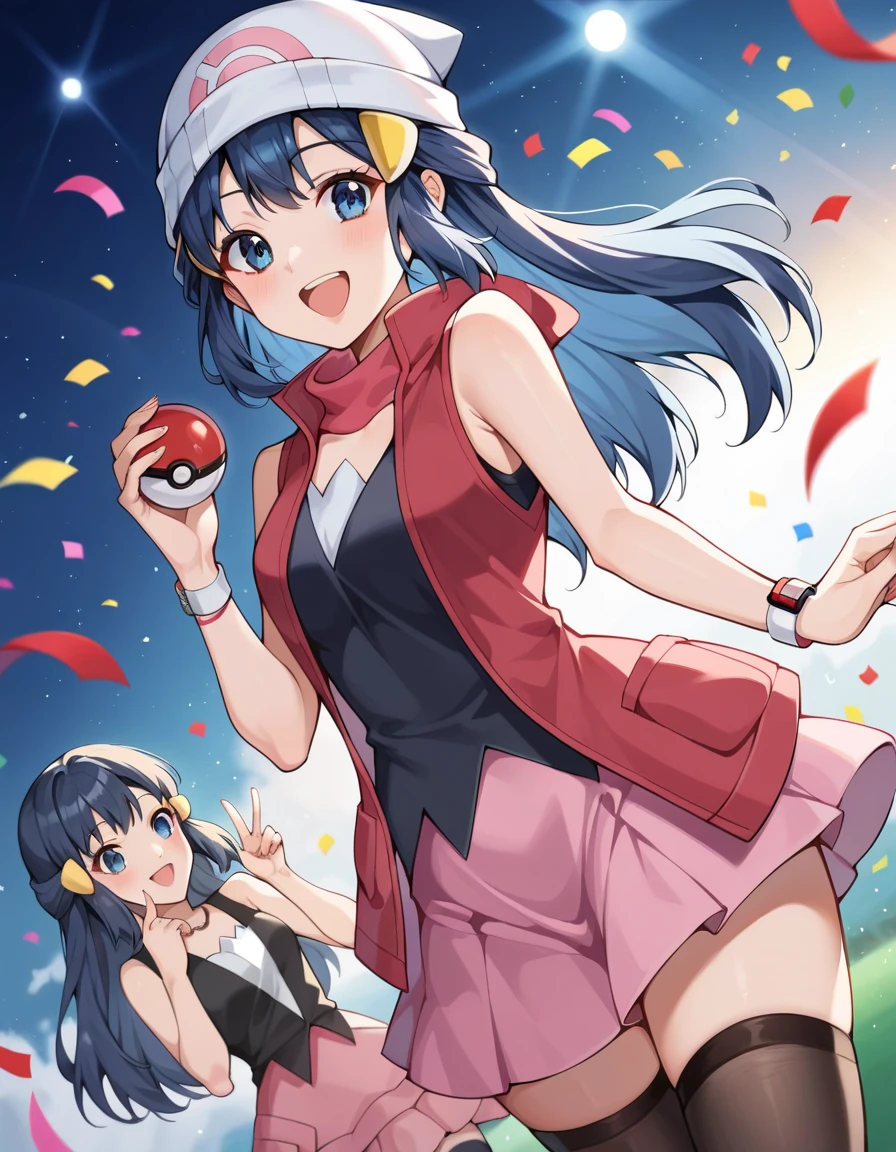 score_9, score_8_up, score_7_up, anime_source, pokemondawn, pokemon dawn, navy blue hair with a greyish tint, blue eyes, long hair, neckband, blue headband, pink shirt, sleeveless, bare arms, red jacket, pink skirt, high black stockings, dutch angle, hand up, smile, happy, open mouth, holding a pokeball, light particles, light rays, dutch angle, aura, backlight, confetti, light particles, light rays, stage, stage lights, spotlight