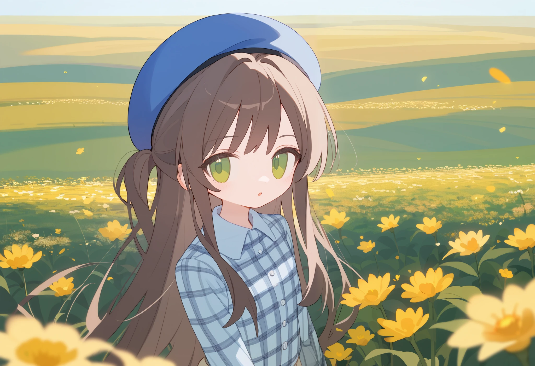  1 girl,  brown slanted ponytail surrounds me ，（   brown hair   ），  green eyes  ，  beret  ,  白色凌乱of小开衫, Double， gray super long hair ，plaid shirt ，Huddled together，Biye，Flower Field，number_8_up,分number_7_up,Expressive  ,grade_of,(masterpiece,   Best quality)