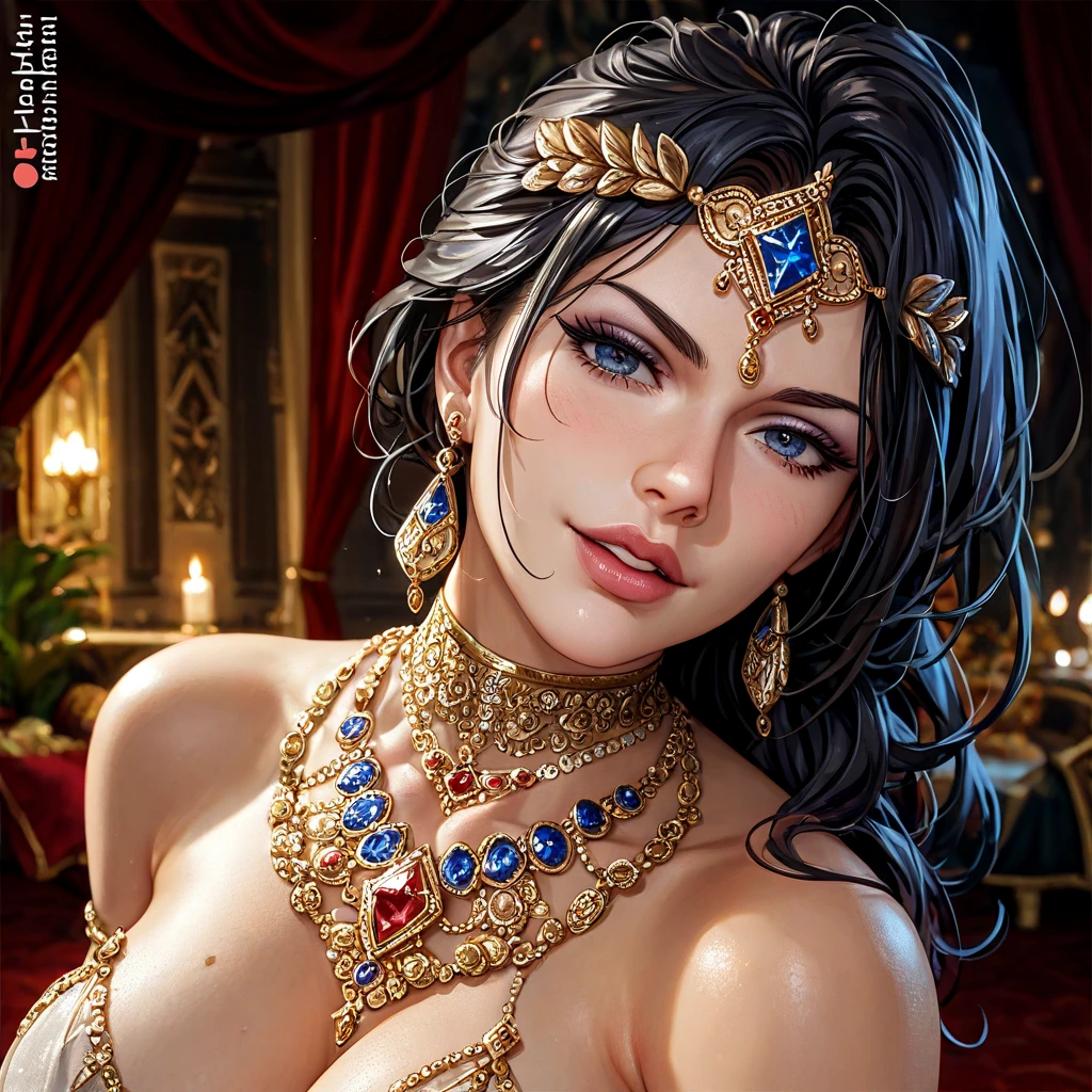 Hot sexy beautiful one princess with hugging small femboy, long sparkling chandelier earrings,big breasts, ,black hair ,blush,blue eyes,red lipstick, chandelier jewelry,makeup, ornament, chandelier necklace,waist chain, rings,bangles,hair flower brochure,hair pins,hair chain, royal palaces and grand architecture, Traditional Indian sari, elegant draping style, intricate floral motifs, handwoven silk material, embellished with sequins and beads, sparkling gemstones and gold accents, artistic rendering of Indian culture, traditional jewelry and accessories, indian traditional wedding saree, crown ,